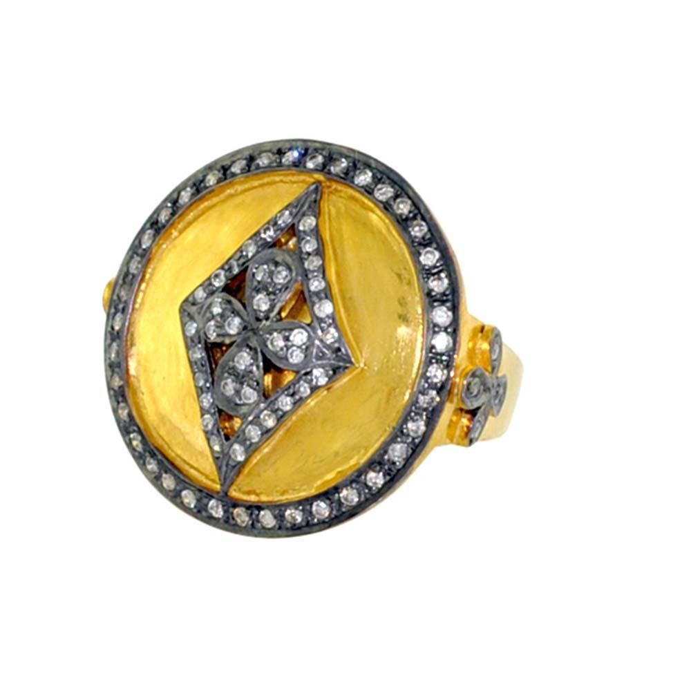 Round Cut Ethnic Style Cocktail Ring with Pave Diamonds Made in 14k Gold For Sale