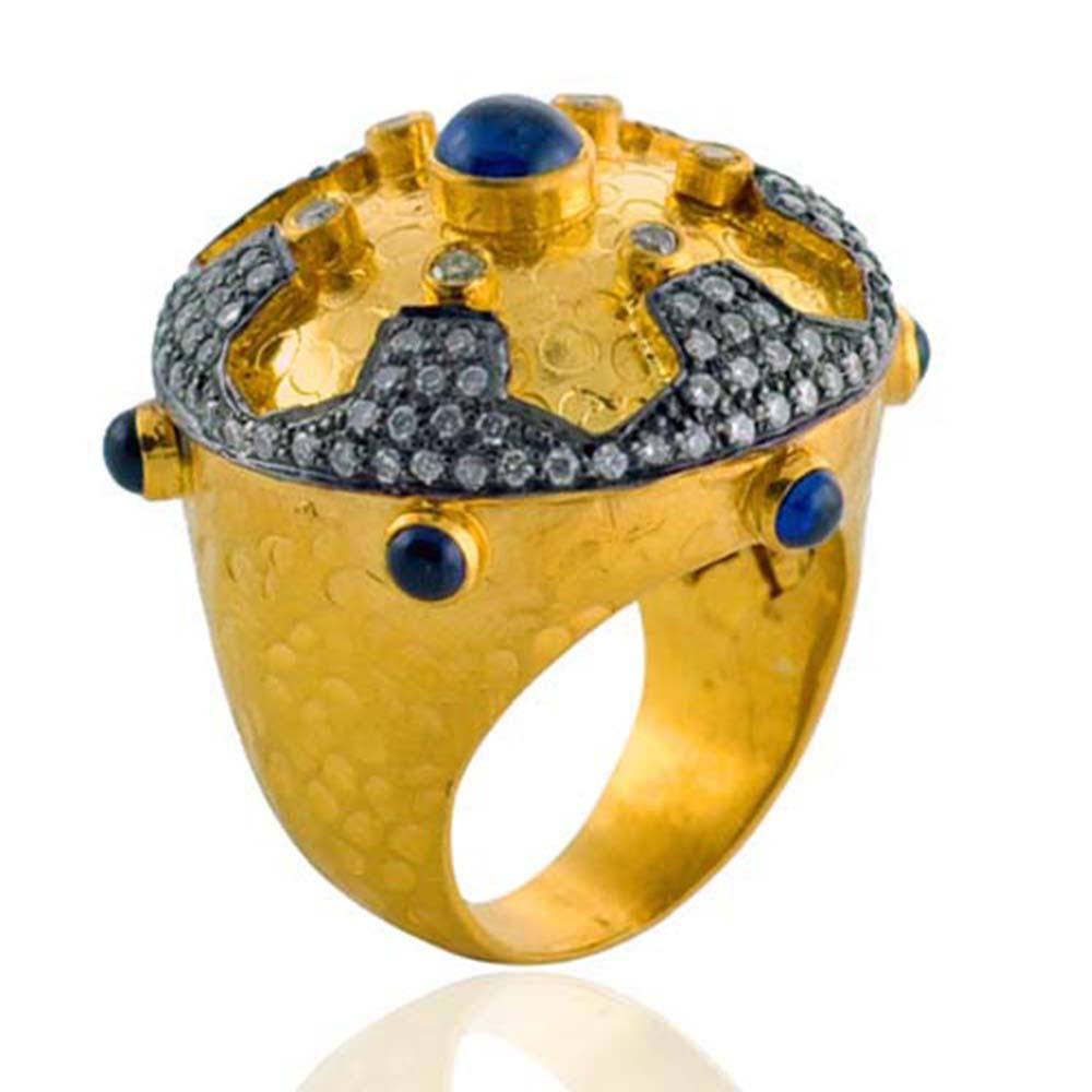 Victorian Ethnic Style Ornamental Design Ring with Sapphire & Diamonds Made in 18k Gold For Sale