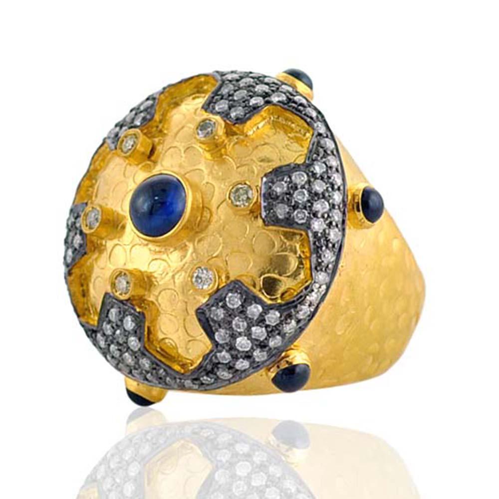 Mixed Cut Ethnic Style Ornamental Design Ring with Sapphire & Diamonds Made in 18k Gold For Sale