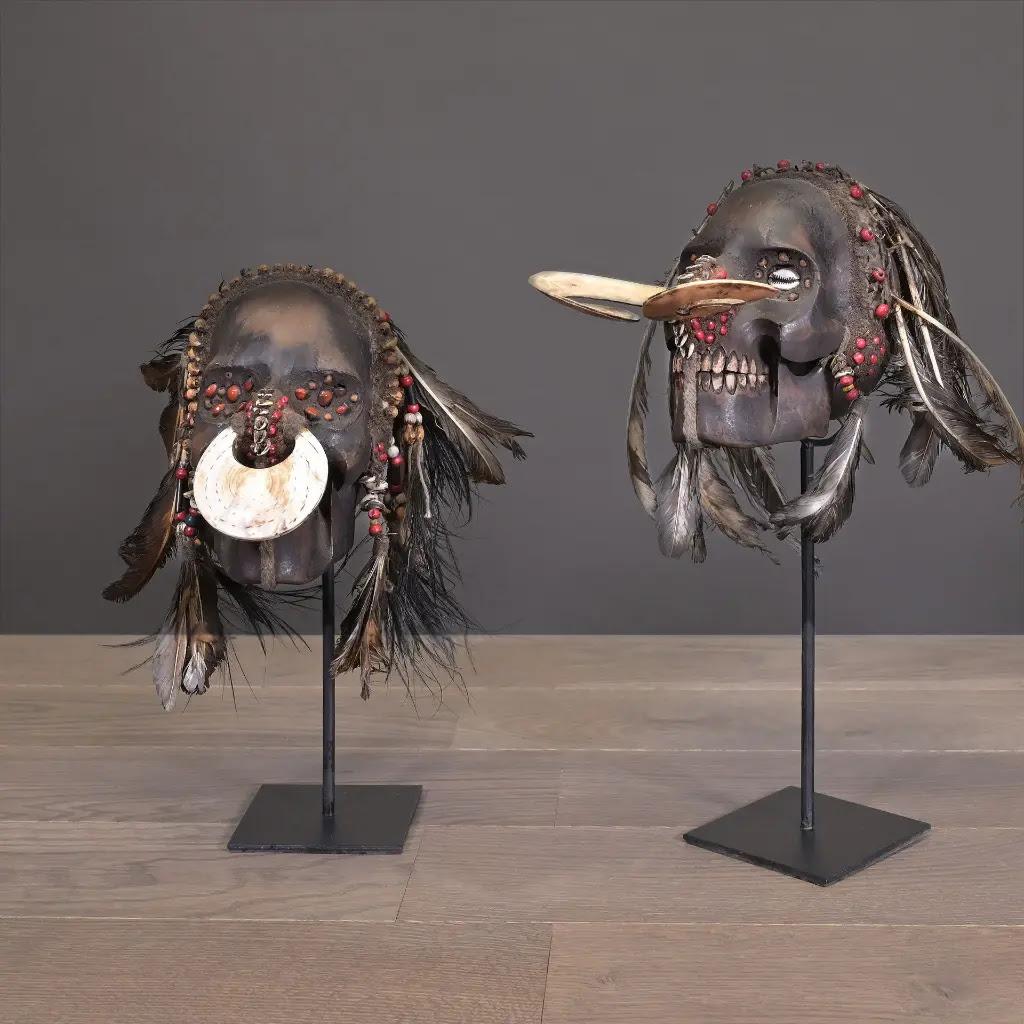Hand-Crafted Ethnic Tribal Trophy Skull Replica in Resin, Feathers & Shells – Irian Jaya Styl For Sale