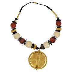 Ethnic vintage French necklace, gold metal and beads