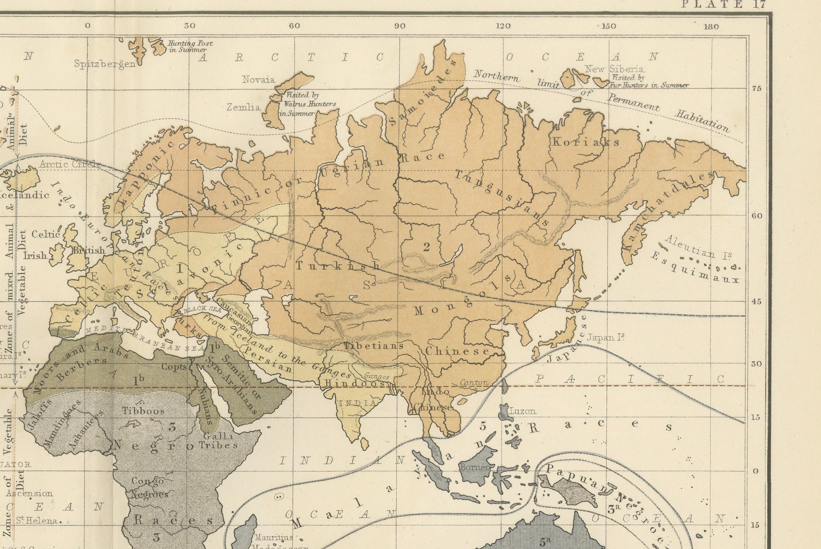 19th Century Ethnographic Map of the World by A.K. Johnston – Races of Man Chart 1852 For Sale