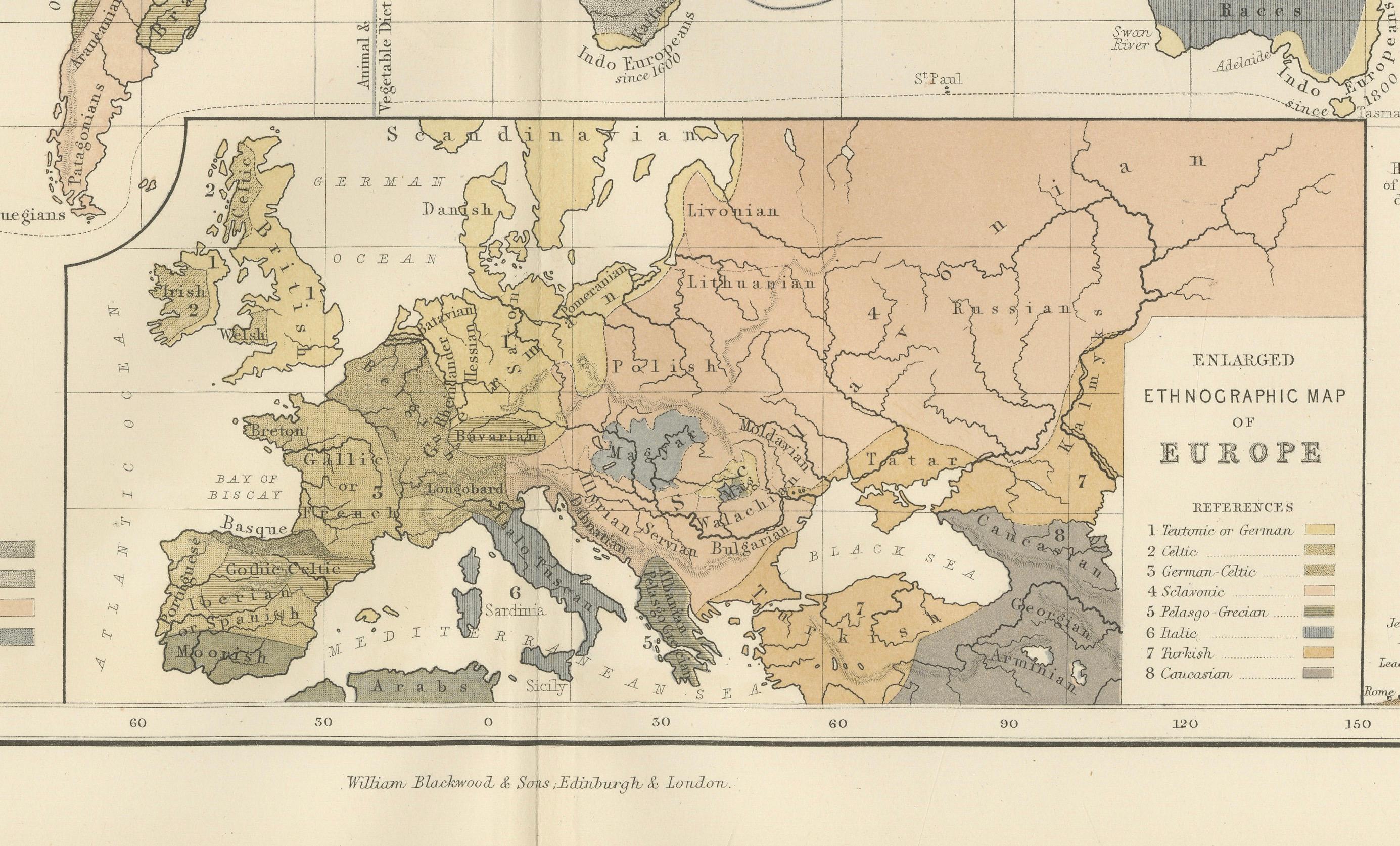 Ethnographic Map of the World by A.K. Johnston – Races of Man Chart 1852 For Sale 1