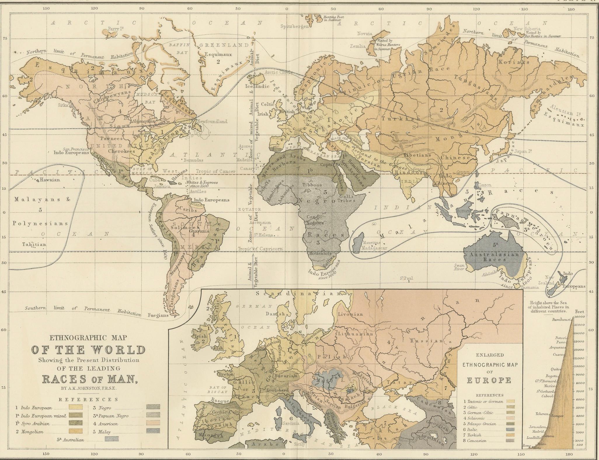Ethnographic Map of the World by A.K. Johnston – Races of Man Chart 1852 For Sale 2