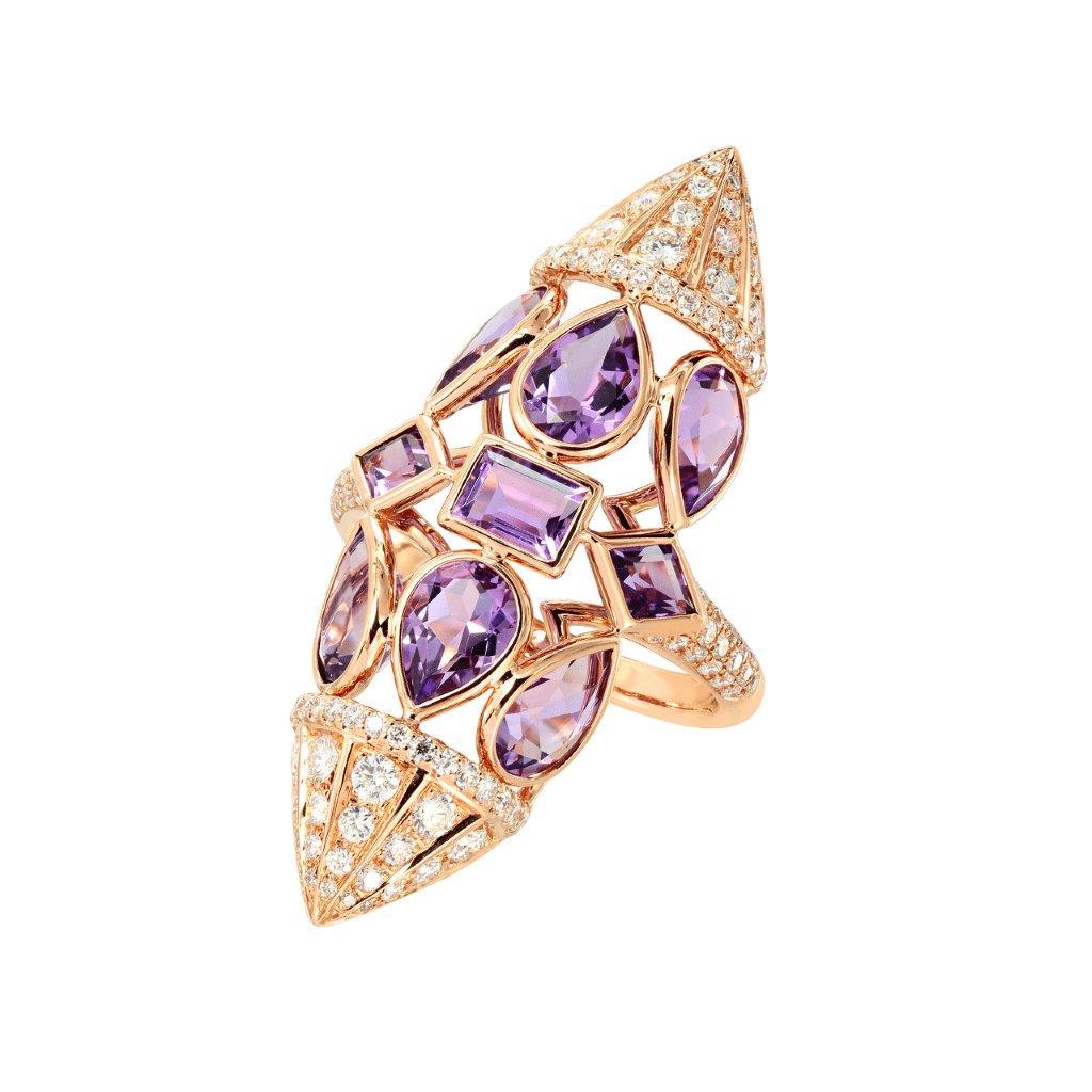 Multi shapes of amethyst gemstones adorn this ring with .95cts of diamonds. Crafted in 18k rose gold.