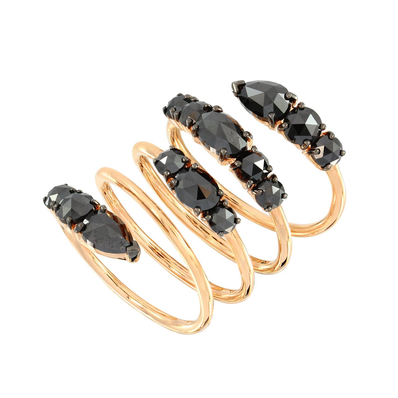  Sleek 18k rose gold wrap ring featuring 3.46 carats of mixed rose cut black diamonds.