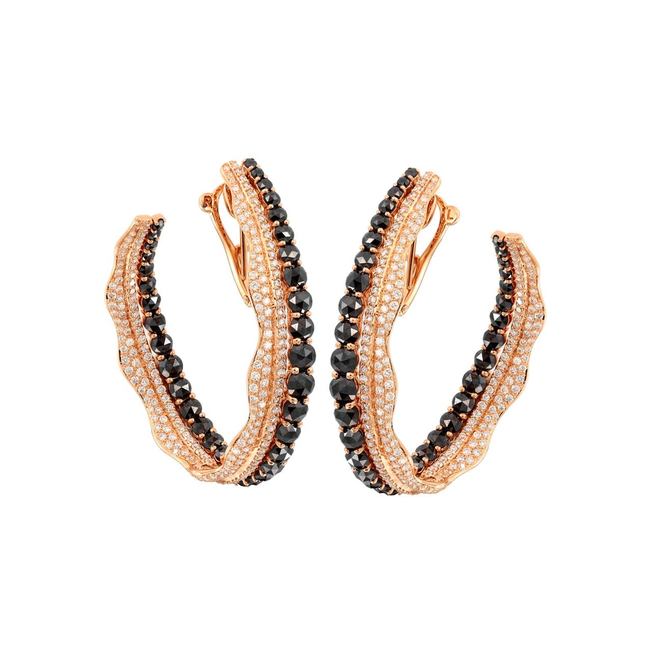 Dramatic wavy hoop earrings handcrafted in 18k rose gold, featuring one row of rose cut black diamonds that total 6.78 carats. There are two rows of pave diamonds 2.90 carats.