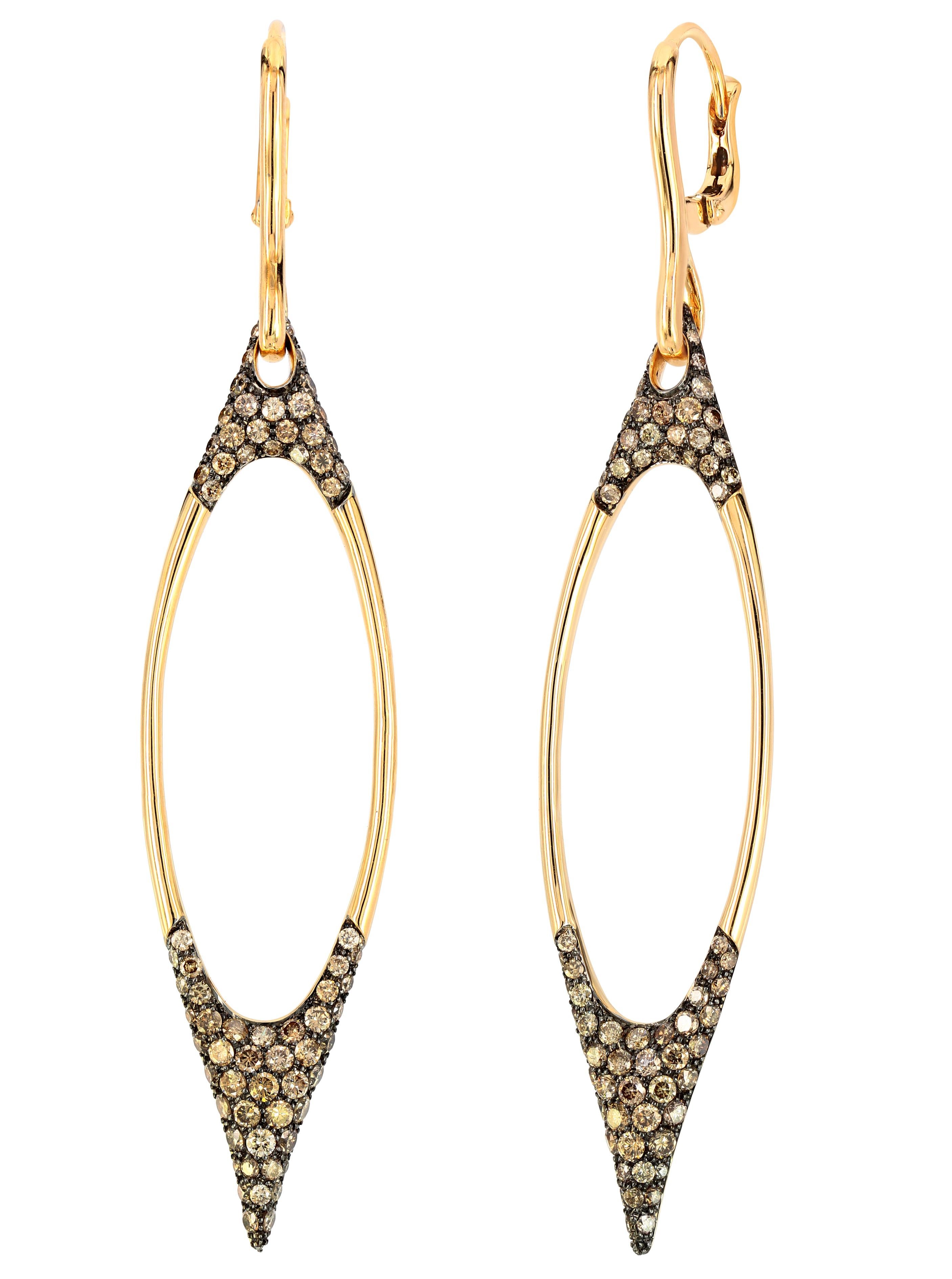 Long sleek earrings with 2.17 carats of brown diamonds, crafted in 18k yellow gold.