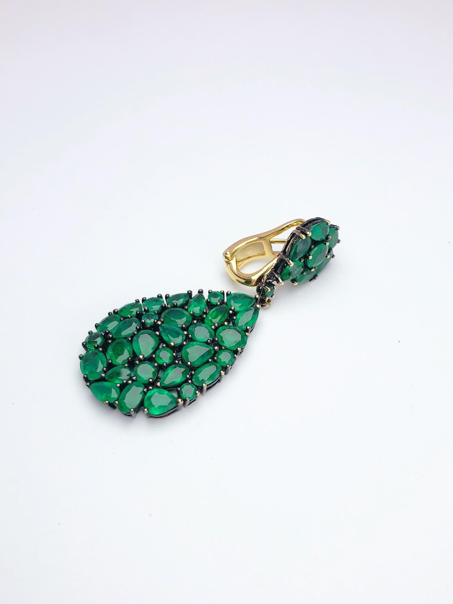 Mixed Cut Etho Maria 18 Karat Blackened Gold Drop Earrings with 14.09 Carat Emeralds For Sale