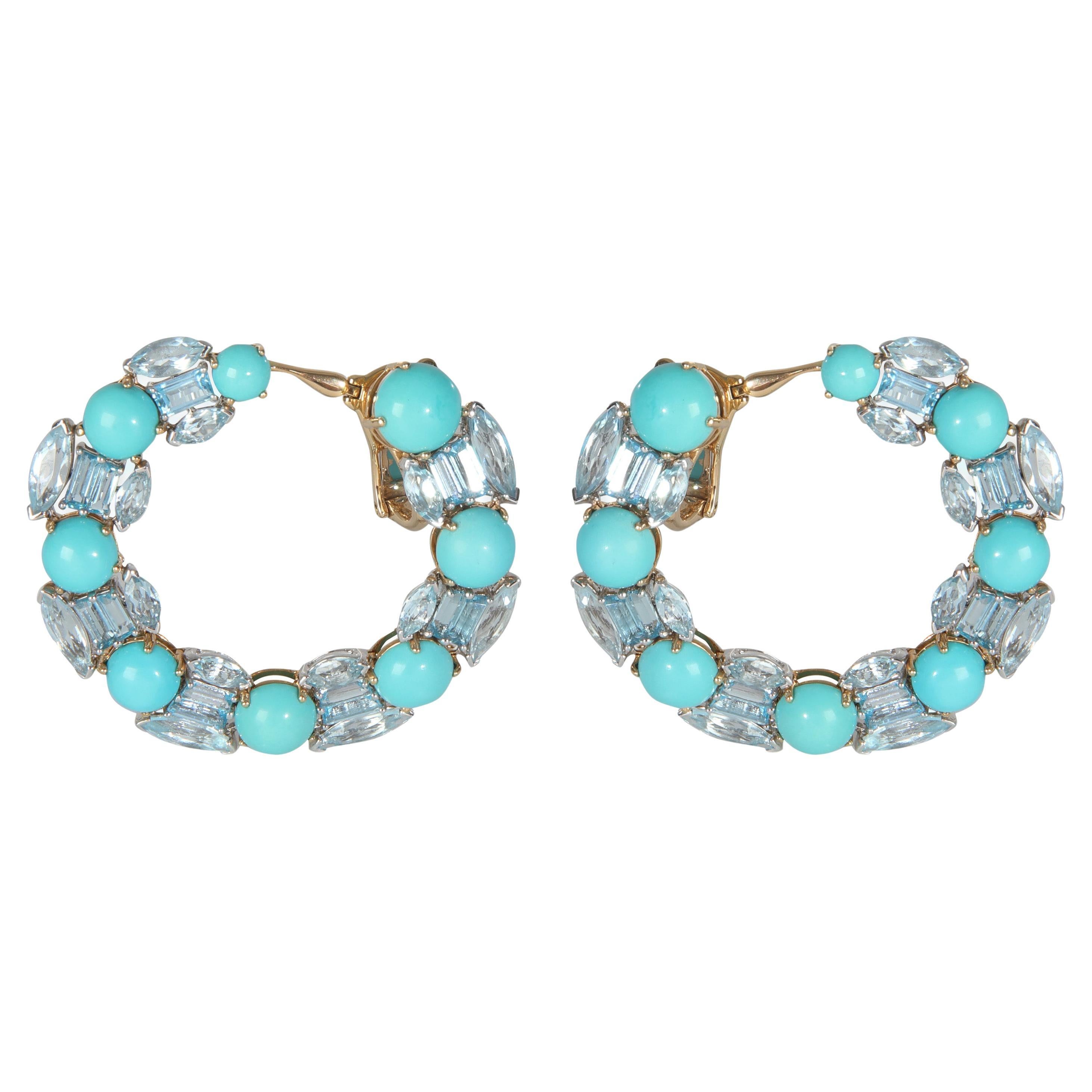 Etho Maria Weißgold 
Gelbgold Türkis und Blautopas Ohrringe in Ringform im Angebot