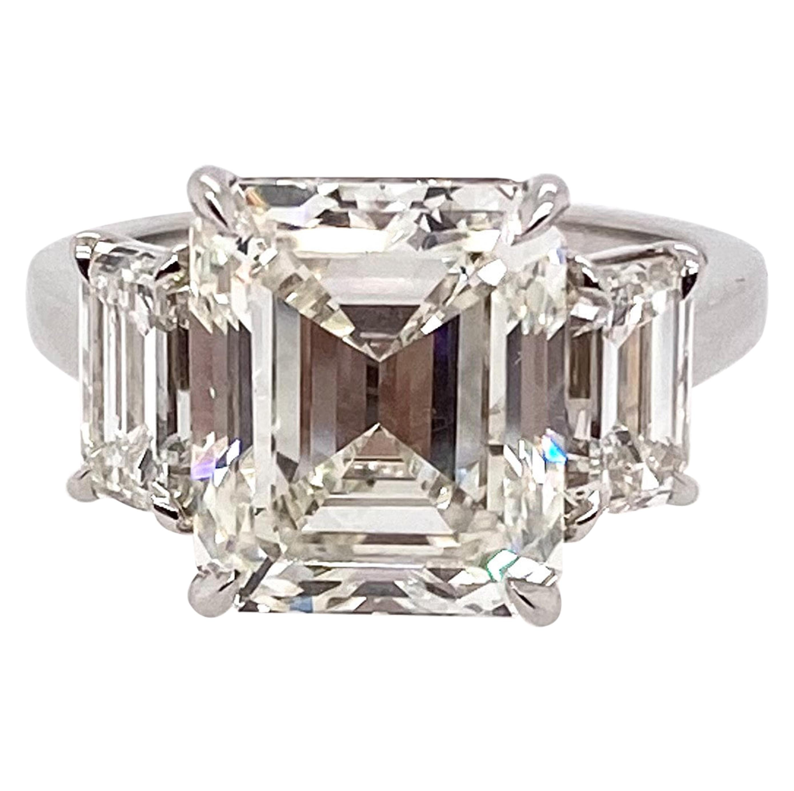 Ethonica Certified Three-Stone Emerald-Cut Diamond Ring in Platinum For Sale