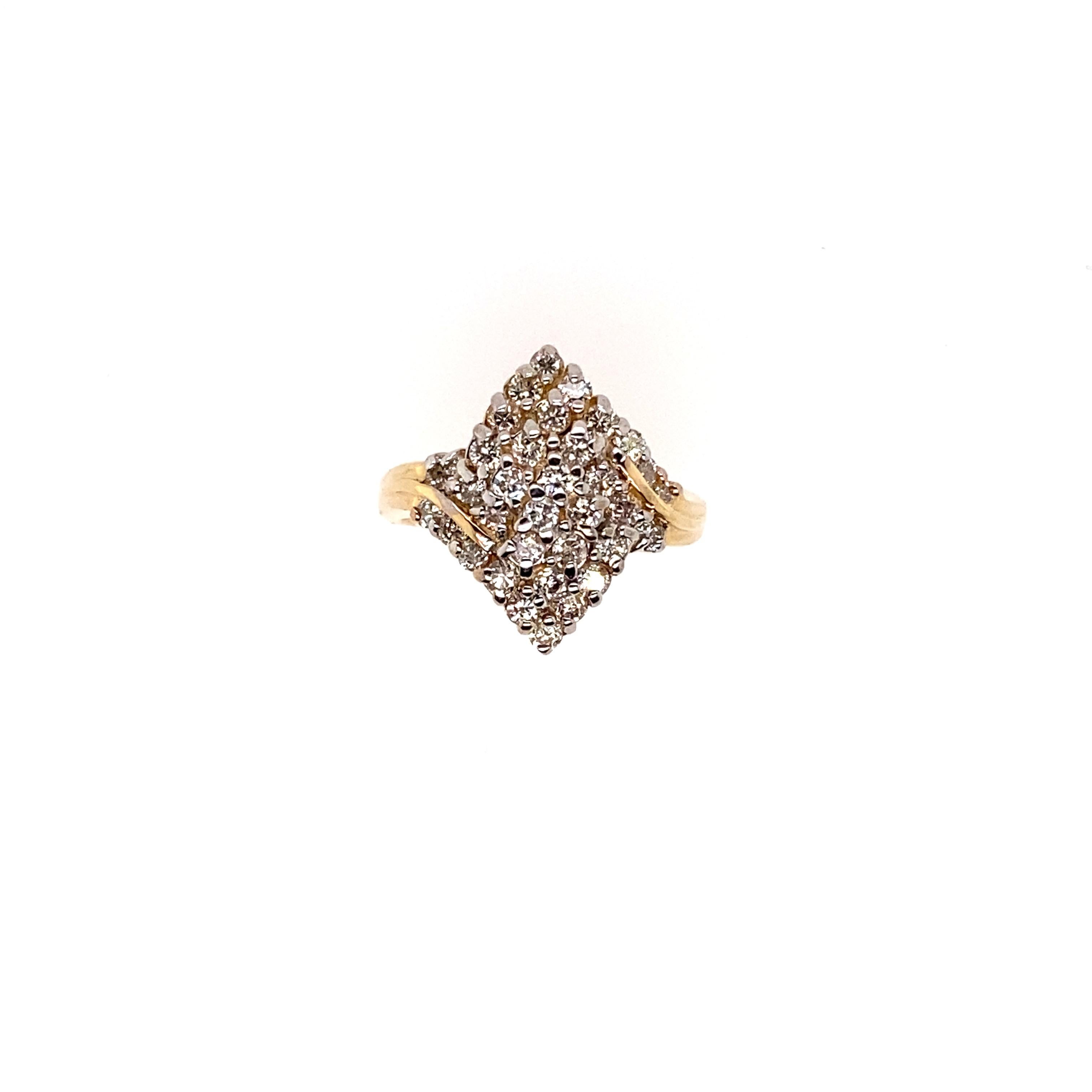 The twenty-four brilliant round diamonds set in the 14K yellow gold ring featured by a cluster design. This ring features a very fashionable look and can be worn daily-wear. 

Diamonds Weight: 0.81 carat
Diamonds Shape : Brilliant Round
Diamonds