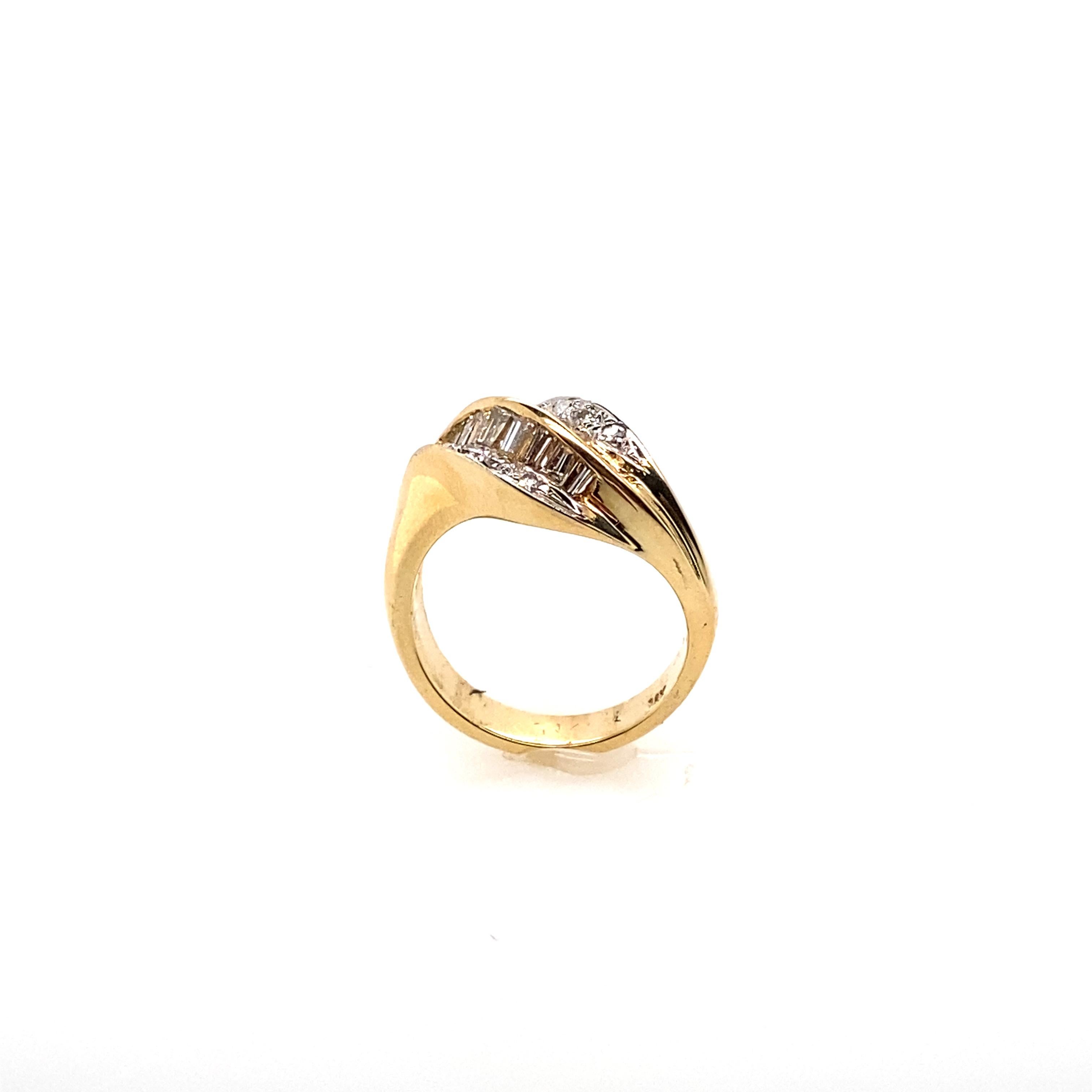 The brilliant round diamonds and baguette diamonds set in the 14K yellow gold ring featured by an usual cluster design. This ring features a very fashionable look and can be worn in everyday. 

Diamonds Weight: 1.00 carat
Diamonds Shape : Brilliant