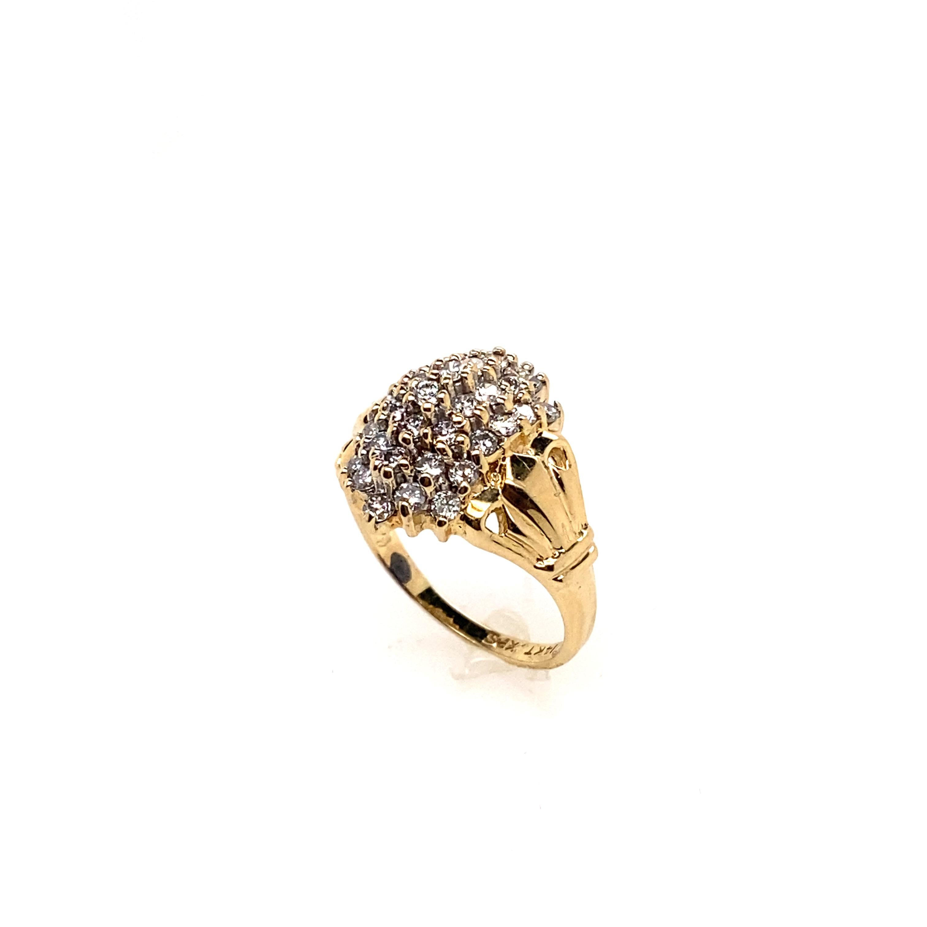 The thirty-four brilliant round diamonds set in the 14K yellow gold ring featured by a cluster design. This ring features a very fashionable look and can be worn in everyday.

Diamonds Weight: 1.00 carat
Diamonds Shape : Brilliant Round
Diamonds