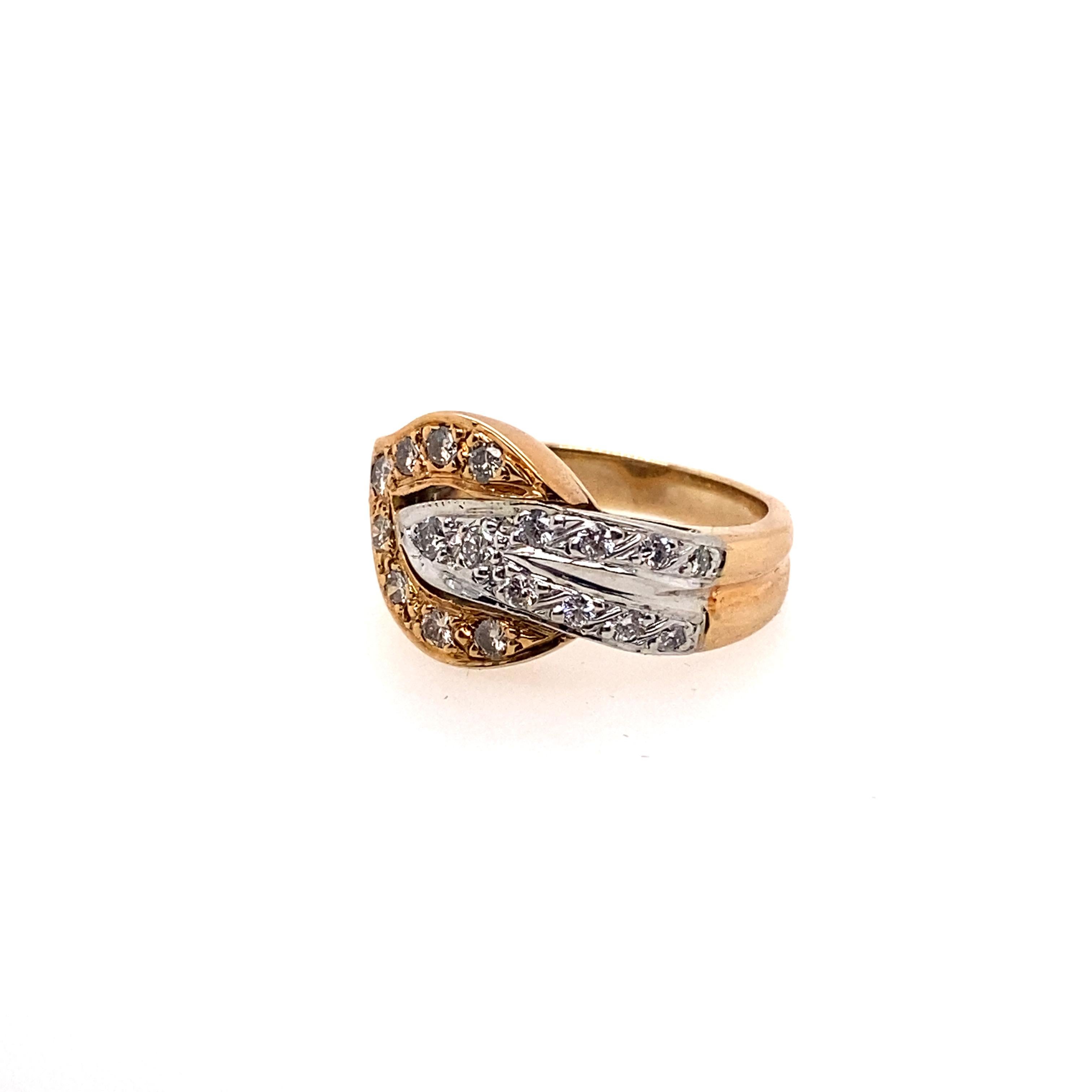 The eighteen brilliant round diamonds set in the 14K yellow gold and white gold ring featured by two tone gold design. This ring features a classic look and can be worn in everyday.

Diamonds Weight: 0.63 carat
Diamonds Shape : Brilliant