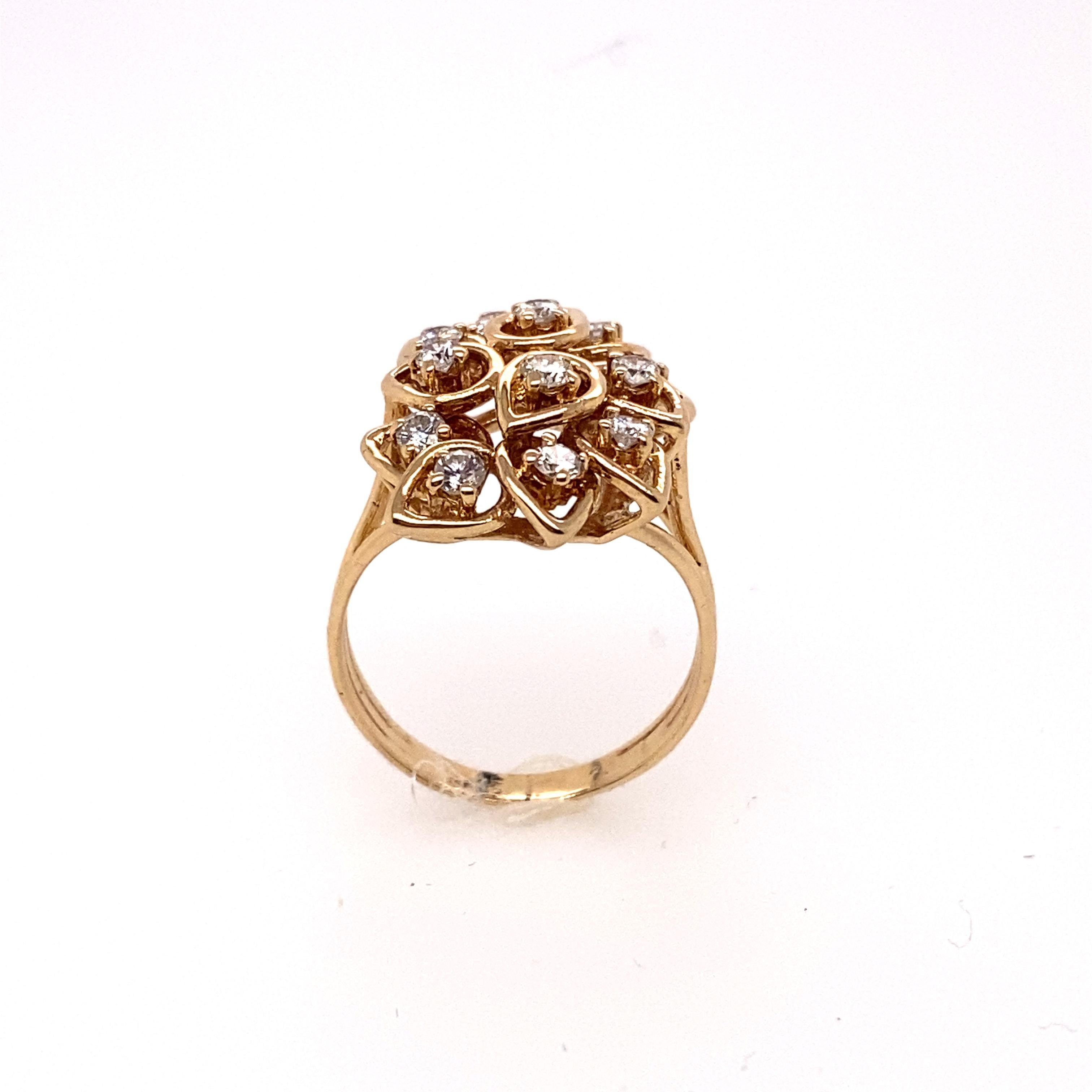 The twelve brilliant round diamonds set in the 14 Karat yellow gold ring featured by a flower cluster design. This ring features a very fashionable look and can be worn in everyday

Diamonds Weight: 0.50 carat
Diamonds Shape : Brilliant