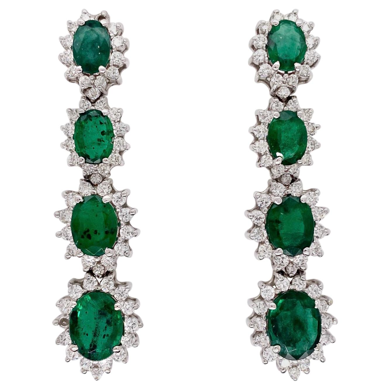 Ethonica Emerald and Diamond Cluster Hanging Earrings in 18 Karat Gold