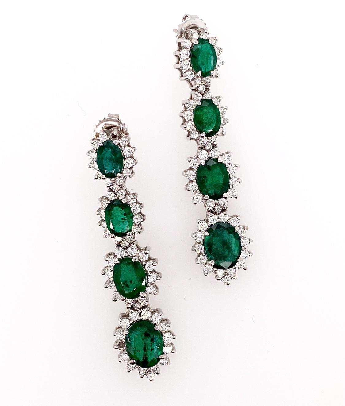 Oval Cut Ethonica Emerald and Diamond Cluster Hanging Earrings in 18 Karat Gold For Sale
