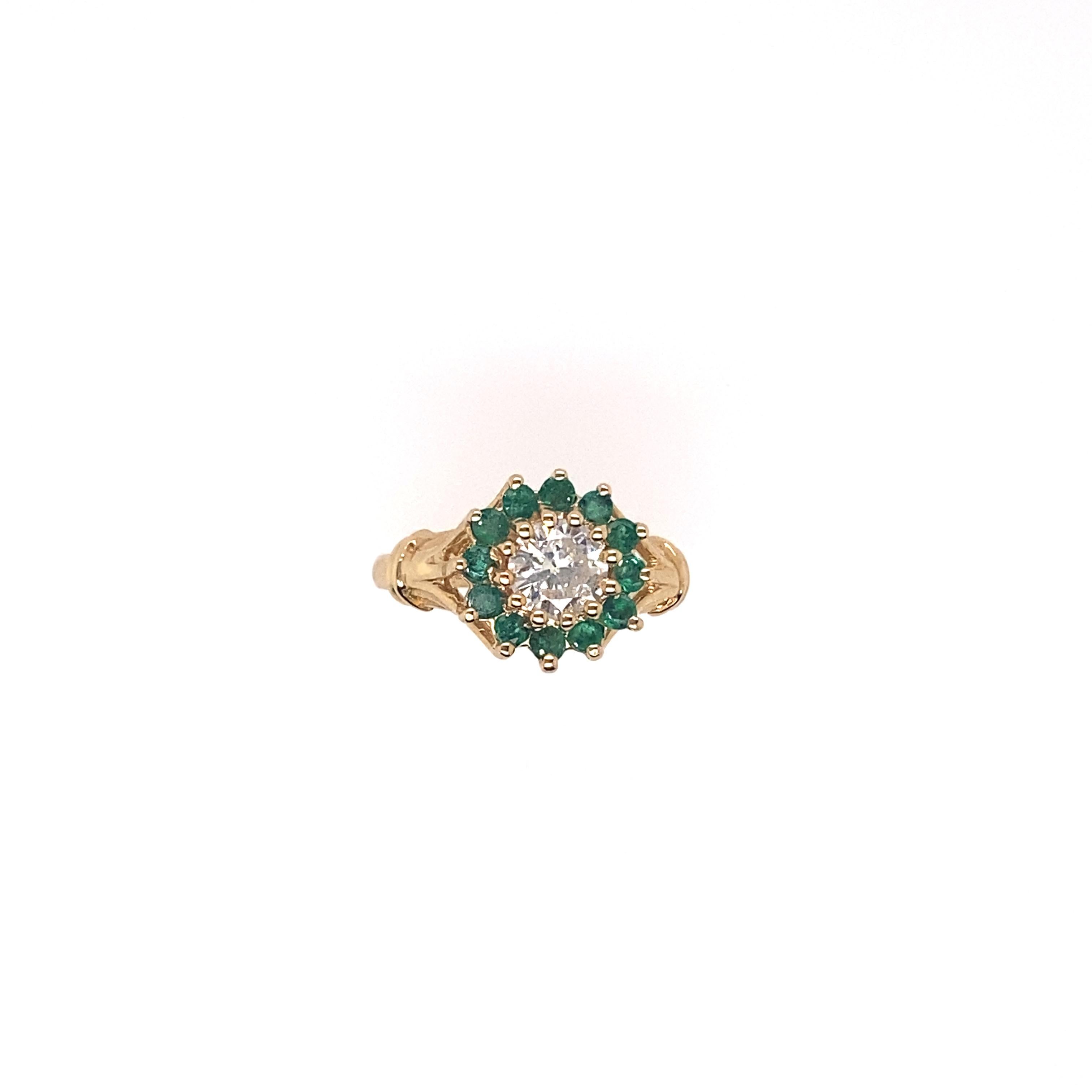 Round Cut Ethonica Emerald and Diamond Cluster Ring in 14 Karat Gold For Sale
