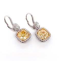Ethonica GIA Certified 8.06 Carat Fancy Yellow Cushion Diamond Dangle Earrings