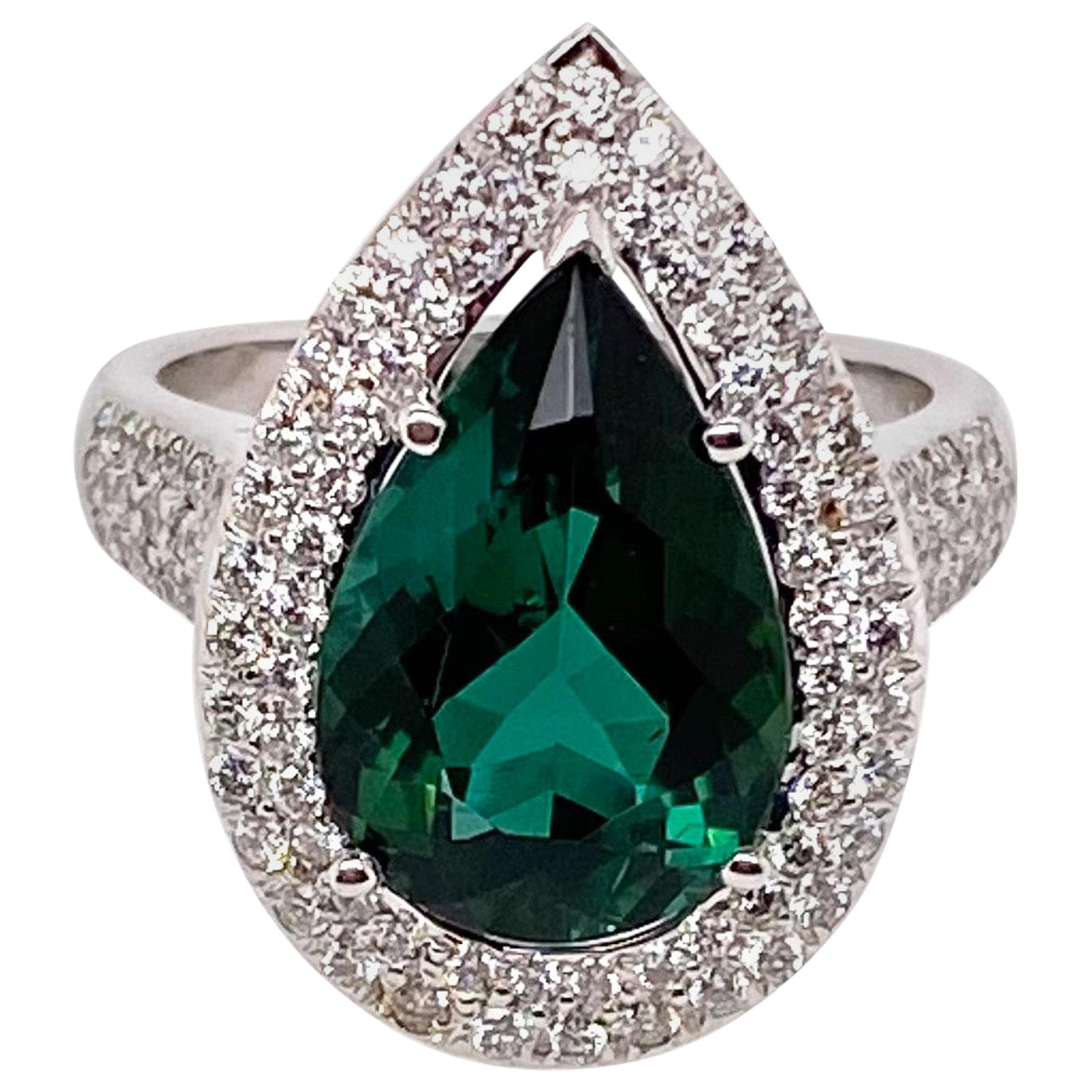 Ethonica Green Tourmaline and Diamond Ring in 18 Karat Gold For Sale