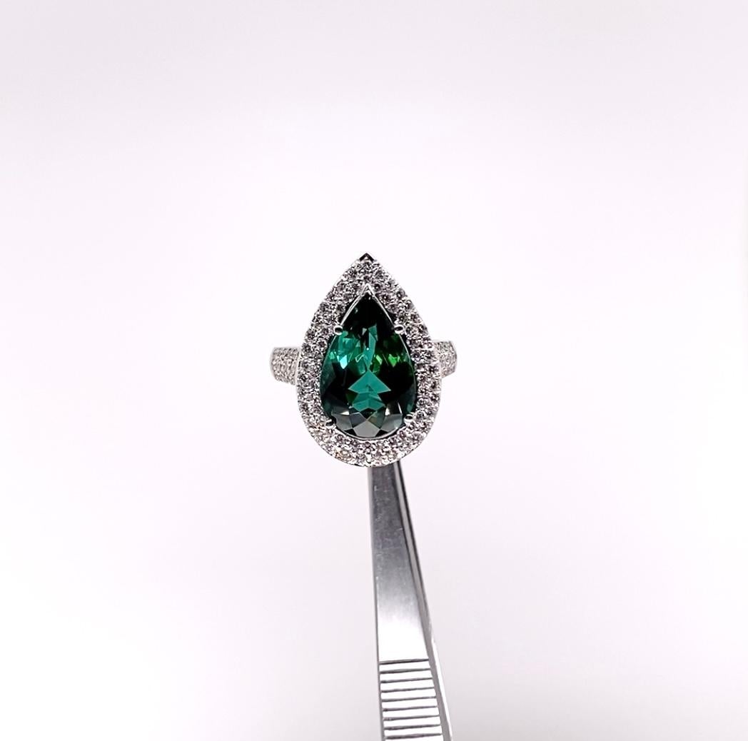 Pear Cut Ethonica Green Tourmaline and Diamond Ring in 18 Karat Gold For Sale