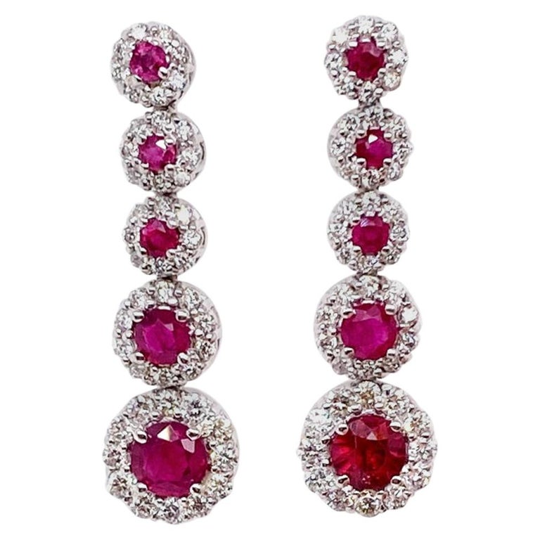Ethonica Halo Collection Ruby and Diamond Cluster Earrings in 18 Karat Gold For Sale