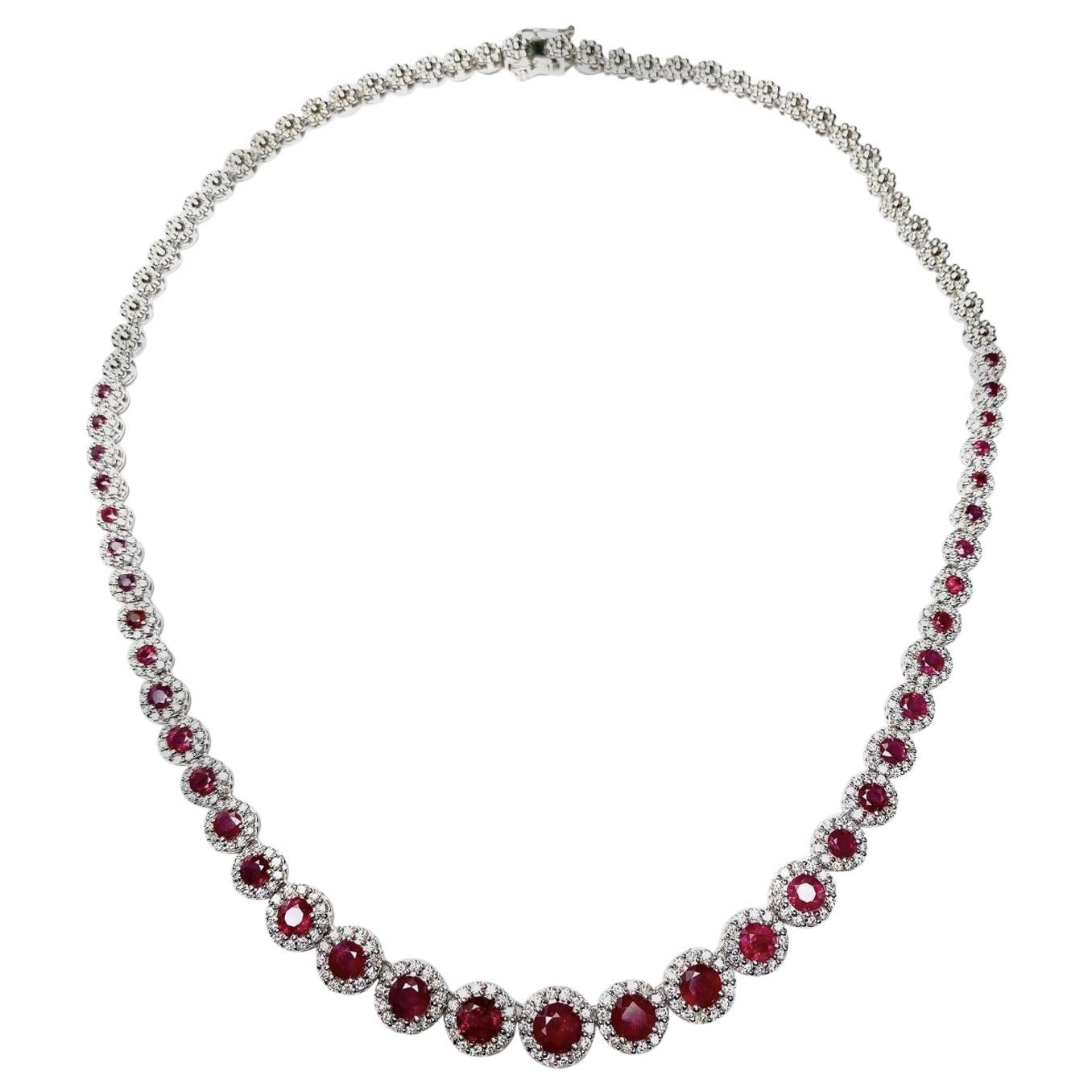 Ethonica Halo Collection Ruby and Diamond Tennis Necklace in 18 Karat Gold