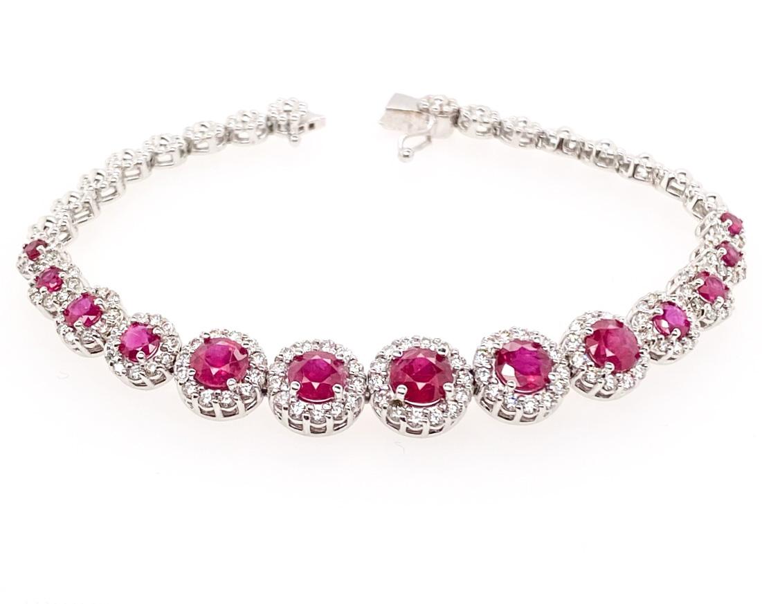 Contemporary Ethonica Halo Collection Ruby and Diamond Cluster Bracelet in 18 Karat Gold For Sale