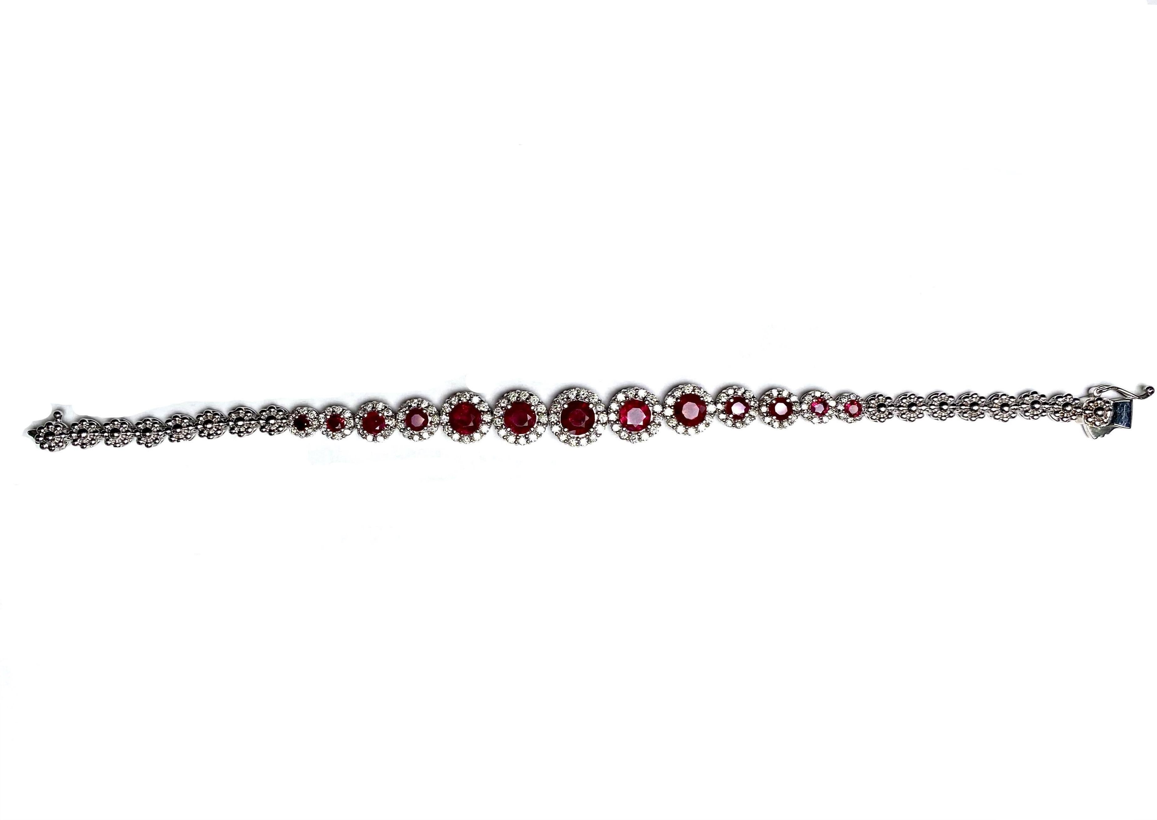 Round Cut Ethonica Halo Collection Ruby and Diamond Cluster Bracelet in 18 Karat Gold For Sale