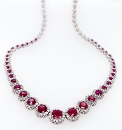 Ethonica Halo Collection Ruby and Diamond Tennis Necklace in 18 Karat Gold
