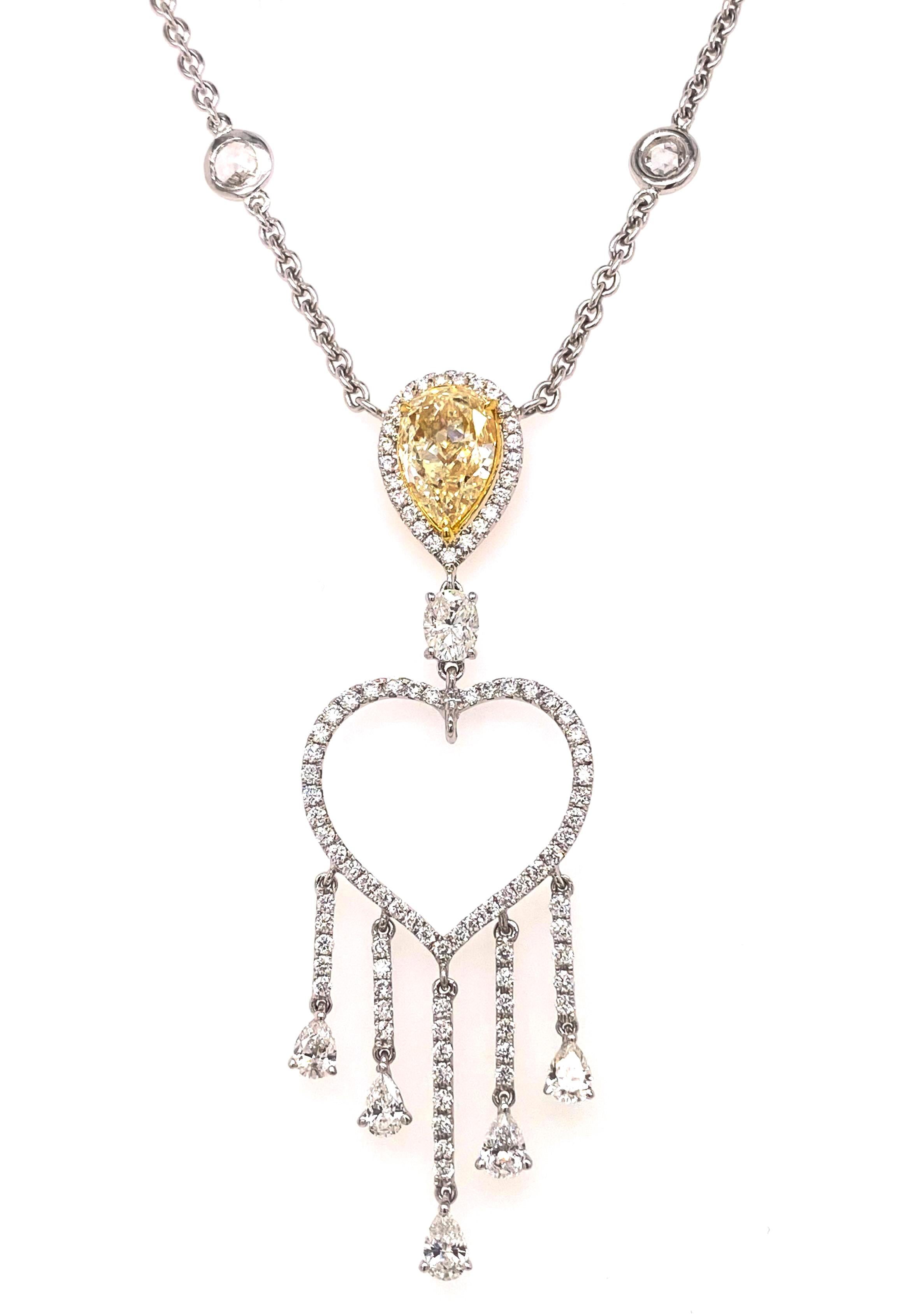 Pear Cut Ethonica Pear Shape Fancy Yellow Diamond with Dangling Heart Pendant Necklace For Sale
