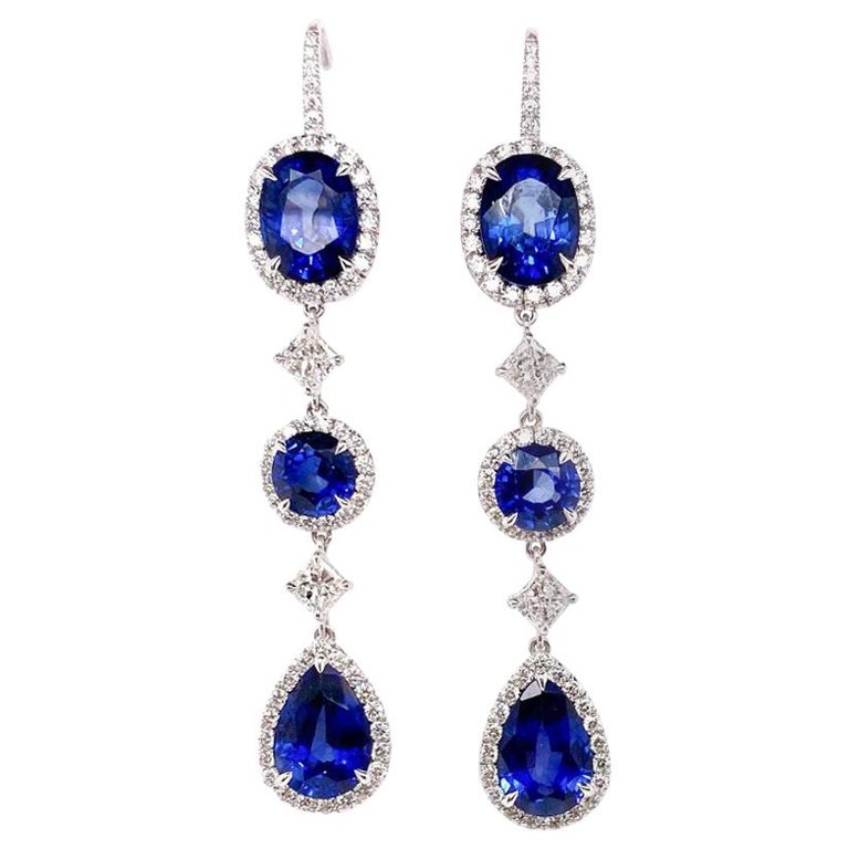 Ethonica Royal Blue Sapphire and Diamond Dangle Earrings in 18 Karat Gold For Sale