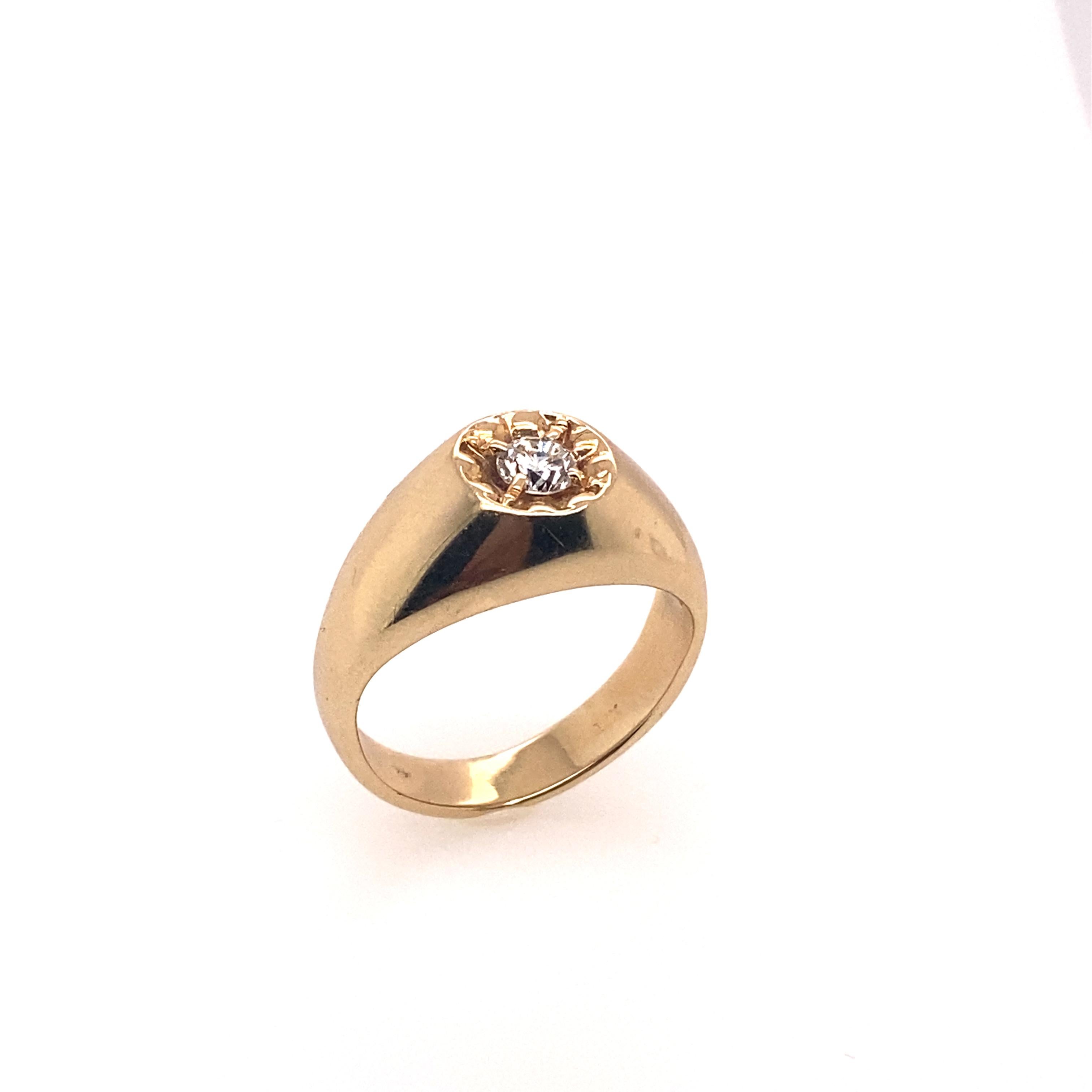 0.30 carat round diamond set as a center stone in the 14K thick band ring. The overall look of this yellow gold thick band ring features big and bold impressions. Simple but powerful. 

Center Diamond Weight: 0.30 carat
Center Diamond Shape: