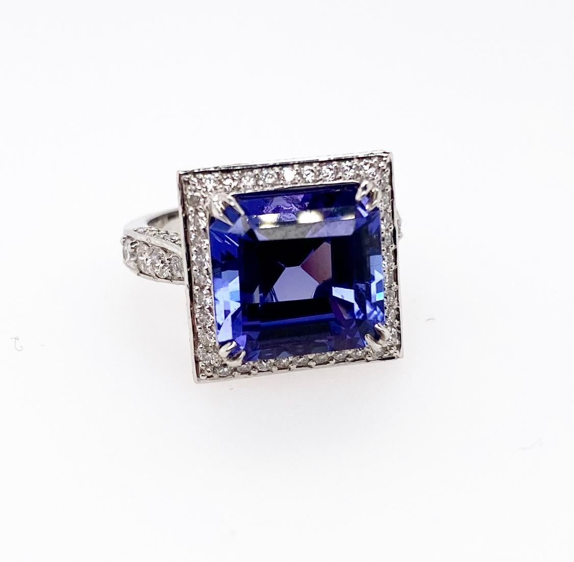 Emerald Cut Ethonica Tanzanite and Diamond Ring in 14 Karat Gold For Sale