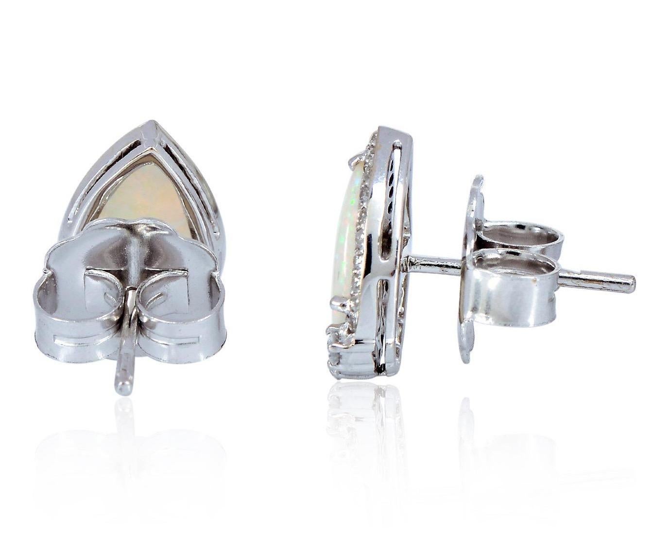Artisan Ethopian Opal Diamond 18 Karat Gold Stud Earrings For Sale