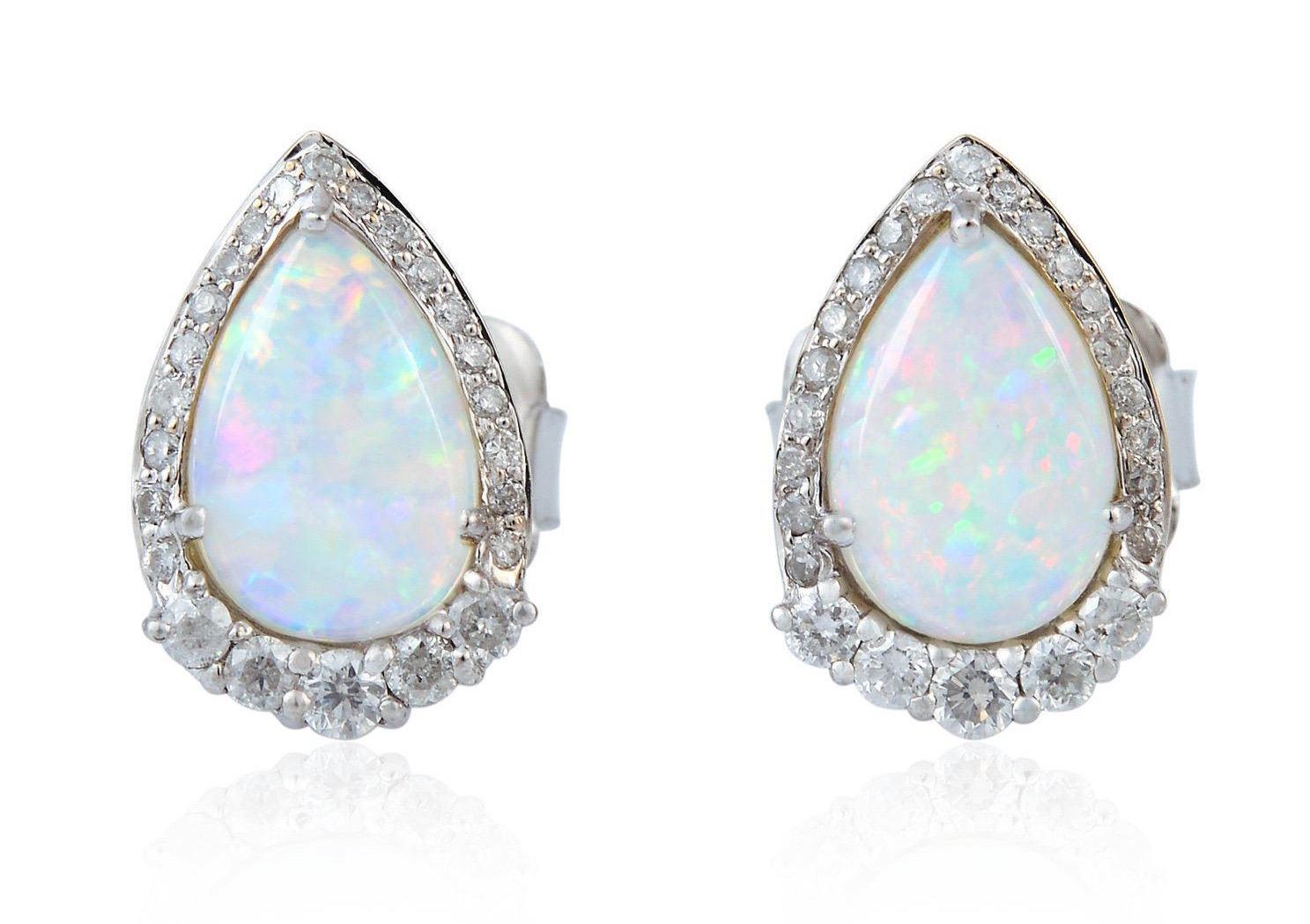 Pear Cut Ethopian Opal Diamond 18 Karat Gold Stud Earrings For Sale