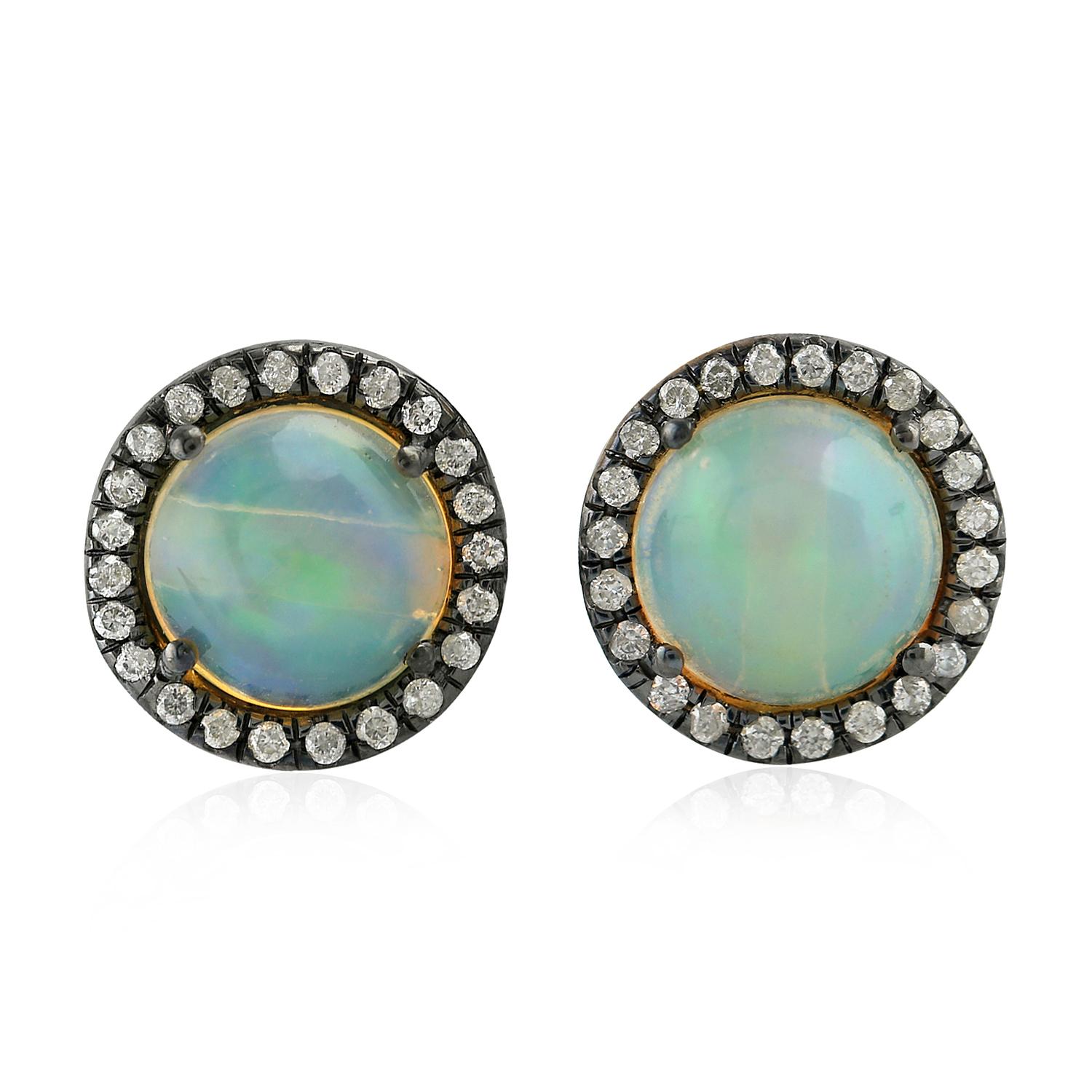 Round Cut Ethiopian Opal Diamond 18 Karat Gold Stud Earrings For Sale