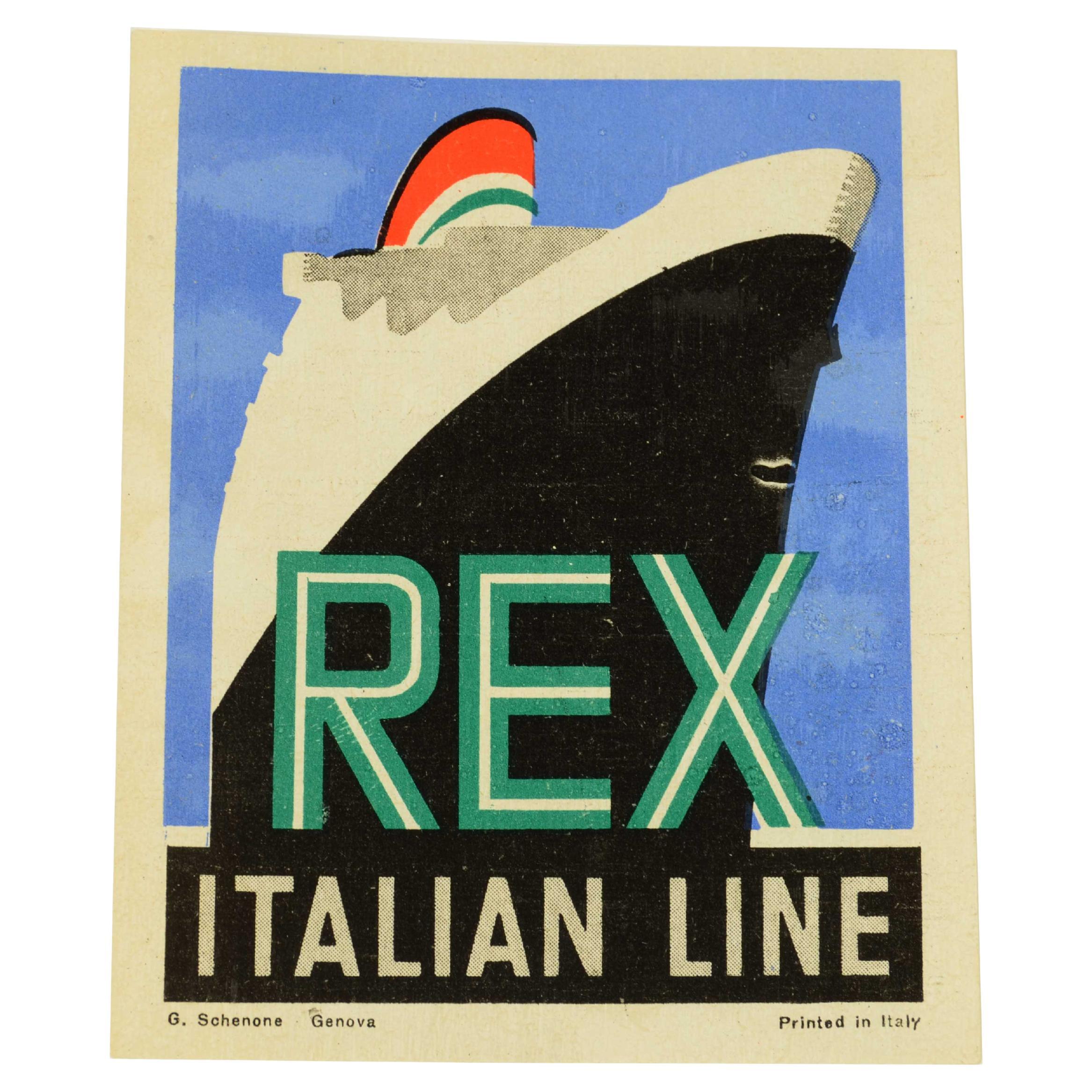 Etiqueta de equipaje de papel coloreado que representa el REX Transatlantic 1933