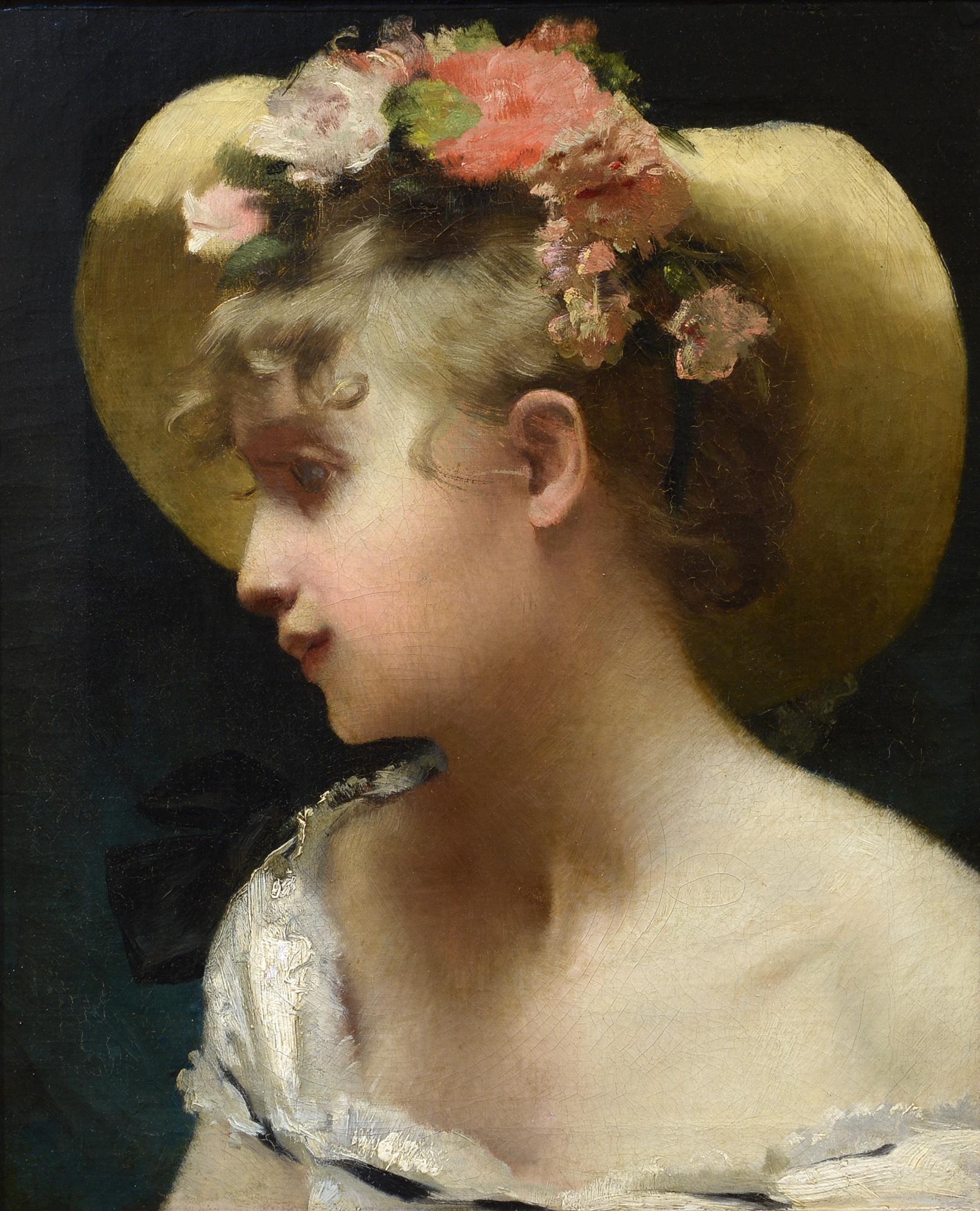 Etienne Adolphe Piot Portrait Painting - "Young Woman in a Flowered Hat" Late 19th Century French Impressionist Oil