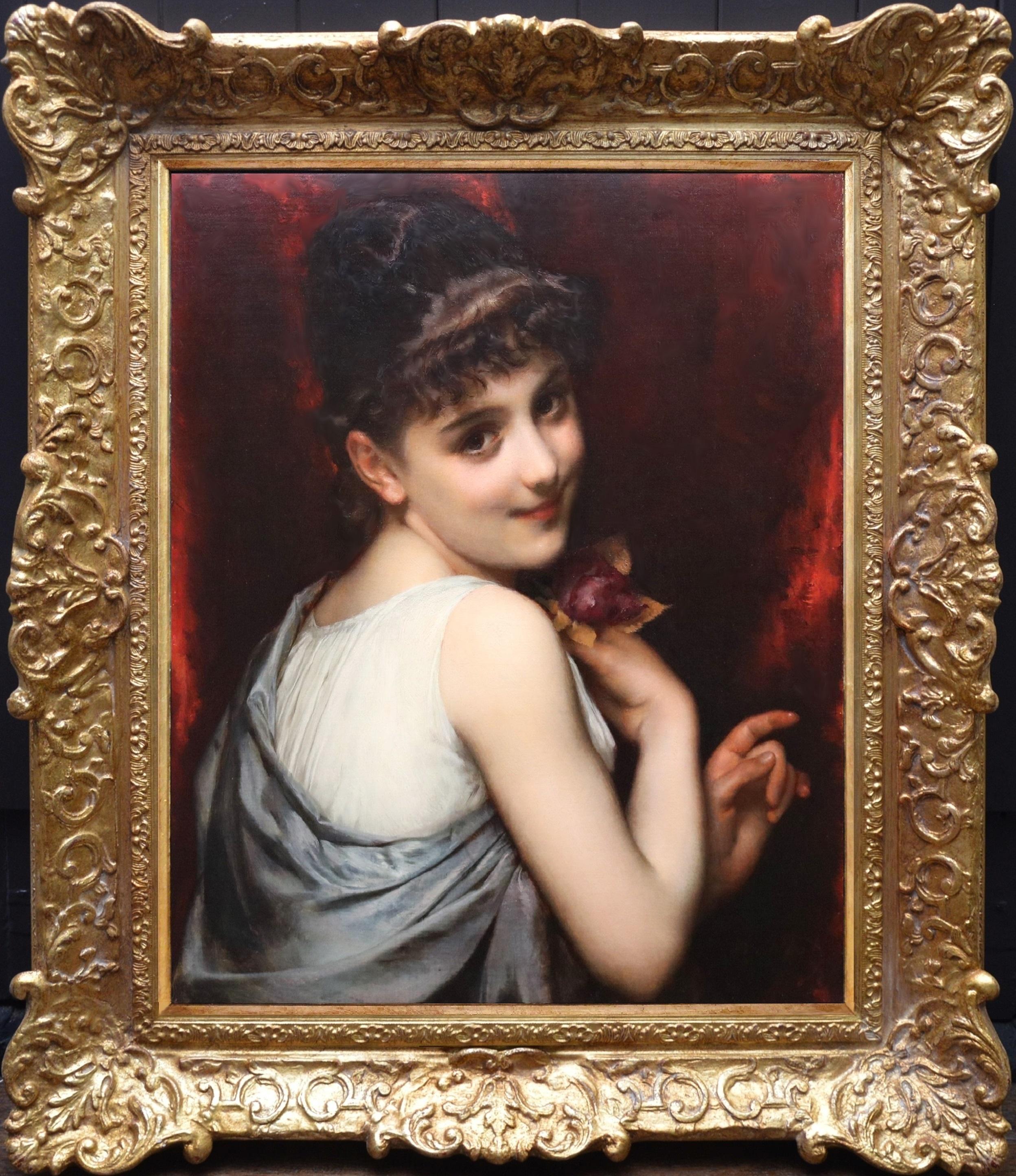 Dipinto a olio francese del XIX secolo, in stile Belle Époque, raffigurante una fioraia parigina con una rosa rossa