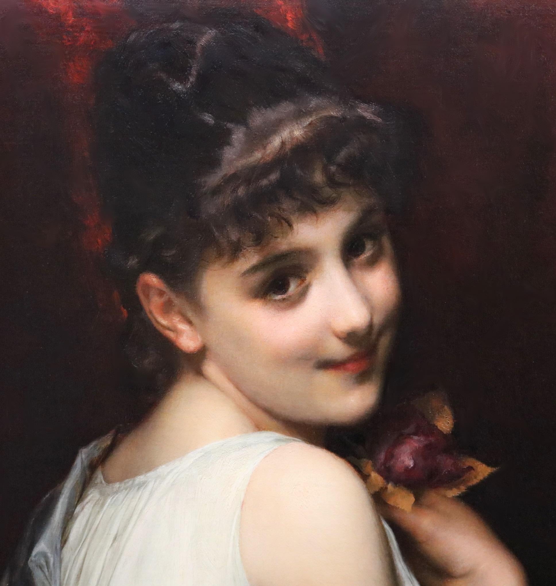 Peinture �à l'huile du 19e siècle représentant une jeune fleuriste parisienne de la Belle Epoque - Noir Figurative Painting par Etienne Adolphe Piot