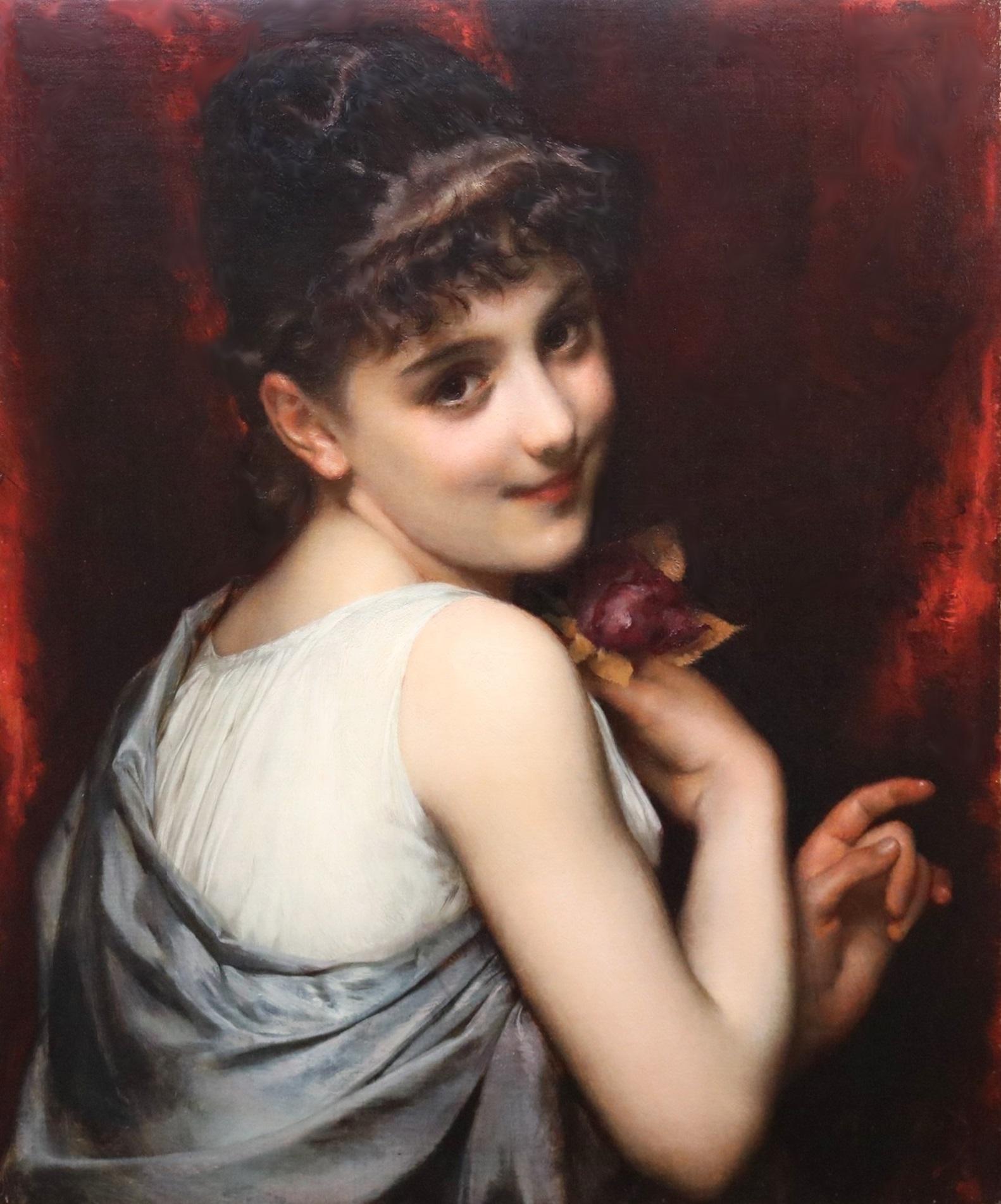Belle Epoque Beauty - 19th Century Oil Painting Portrait of French Flower Girl - Brown Portrait Painting by Etienne Adolphe Piot