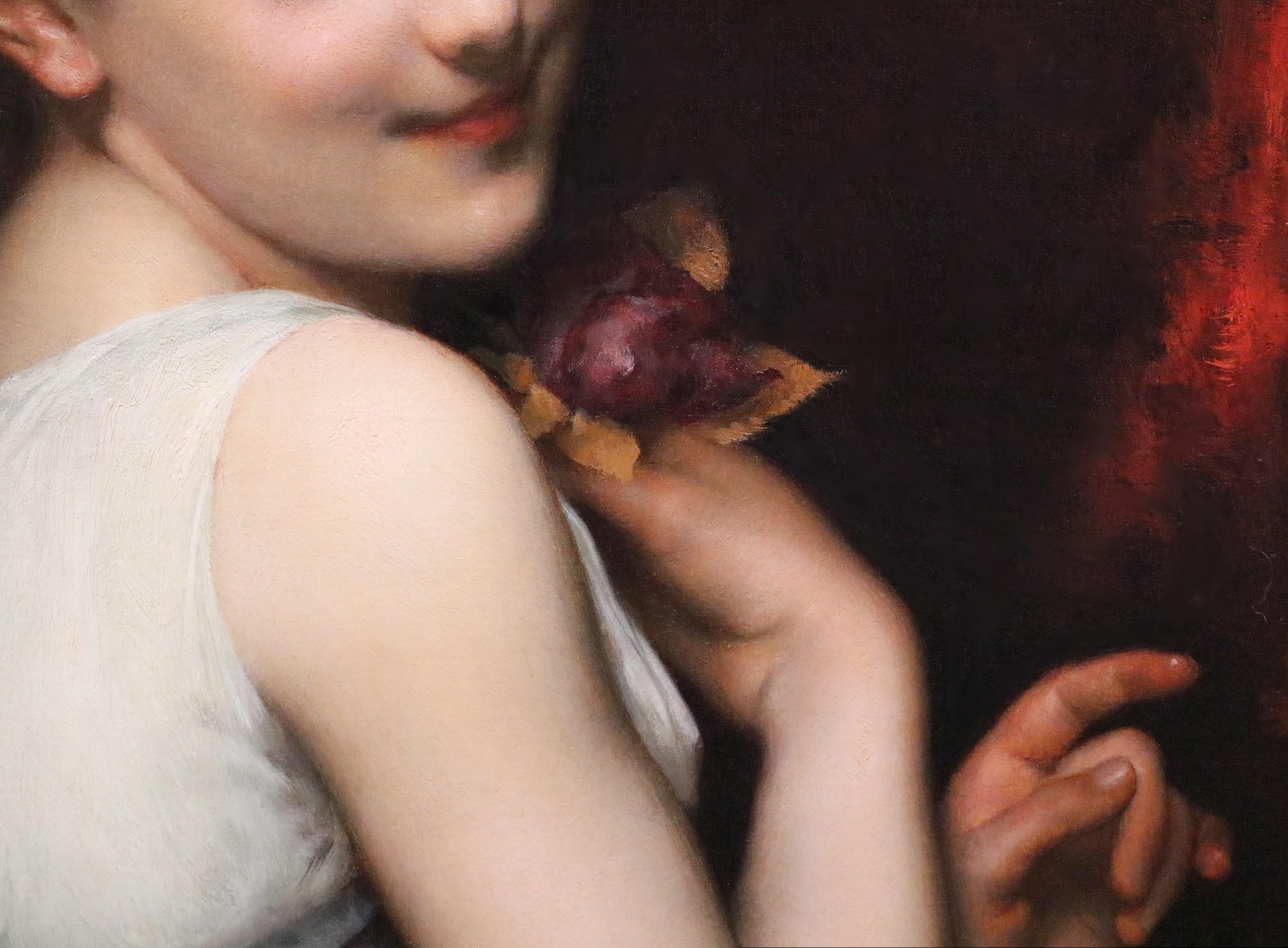 Belle Epoque Beauty - 19th Century Oil Painting Portrait of French Flower Girl For Sale 2