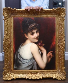 Young Beauty holding a Red Rose - 19th Century French Girl Portrait Oil Painting