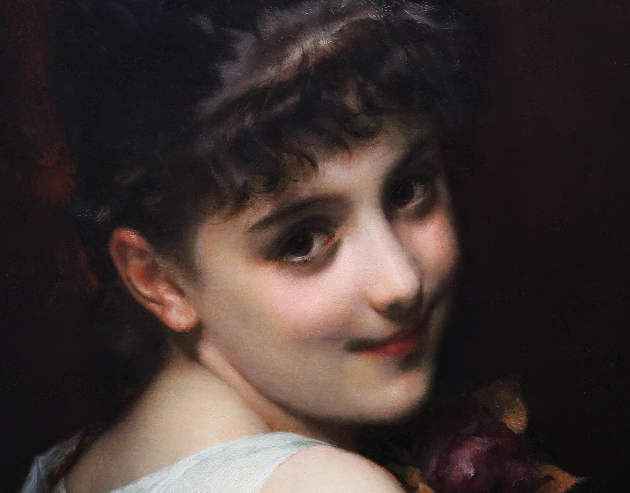 Young Beauty holding a Red Rose - 19th Century French Girl Portrait Oil Painting 3