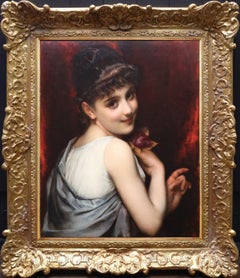 Young Beauty holding a Red Rose - 19th Century French Girl Portrait Oil Painting