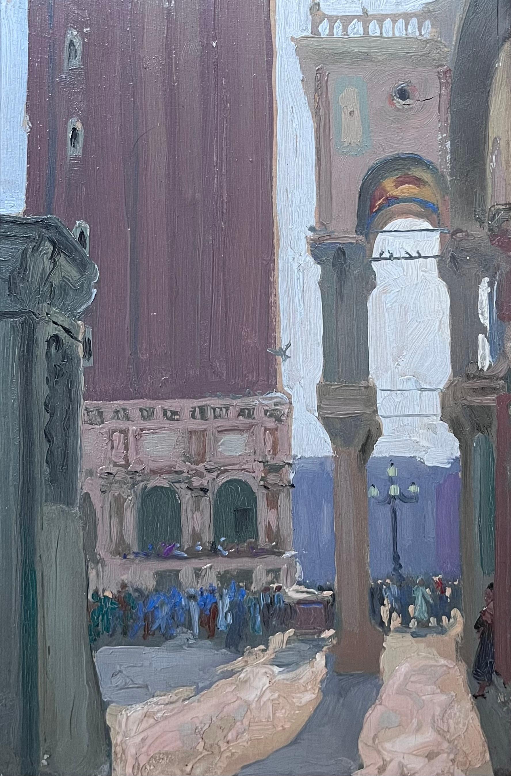 Early 1900's French Impressionist Oil Sketch Figures St. Marks Square Venice - Post-Impressionist Painting by Etienne Auguste Krier 