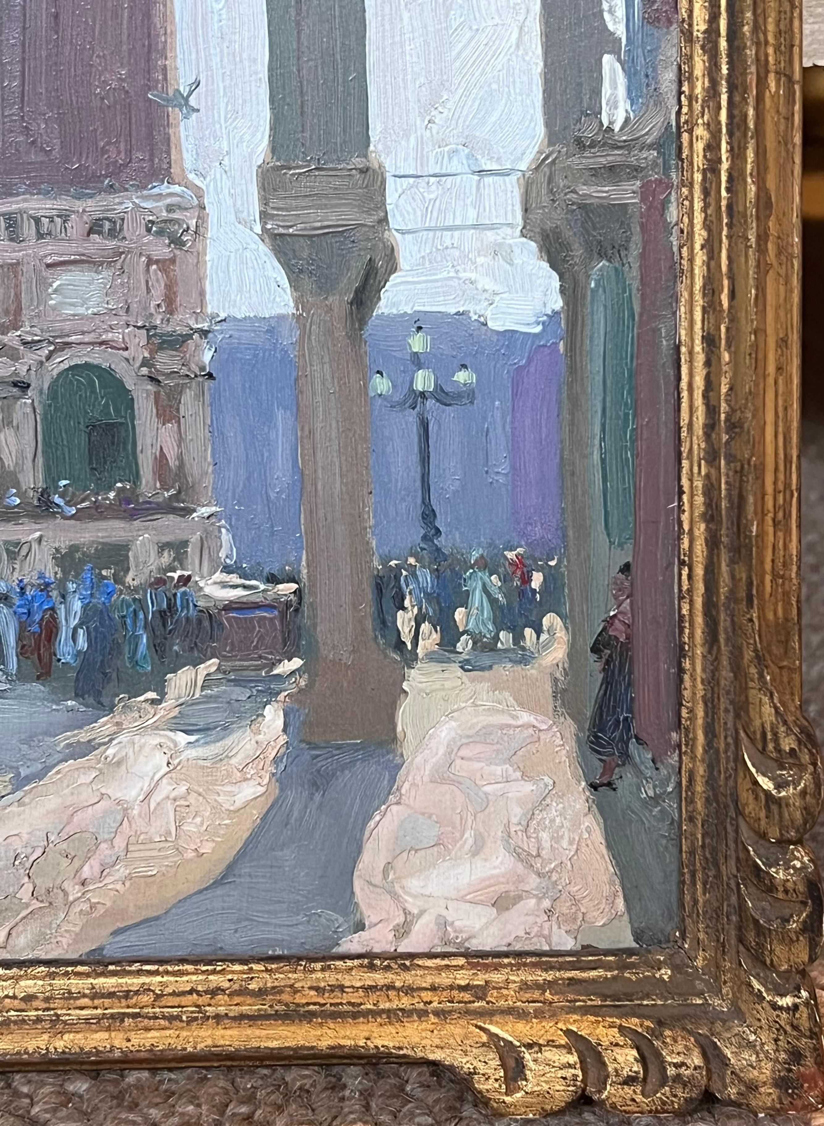 Early 1900's French Impressionist Oil Sketch Figures St. Marks Square Venice - Gray Landscape Painting by Etienne Auguste Krier 