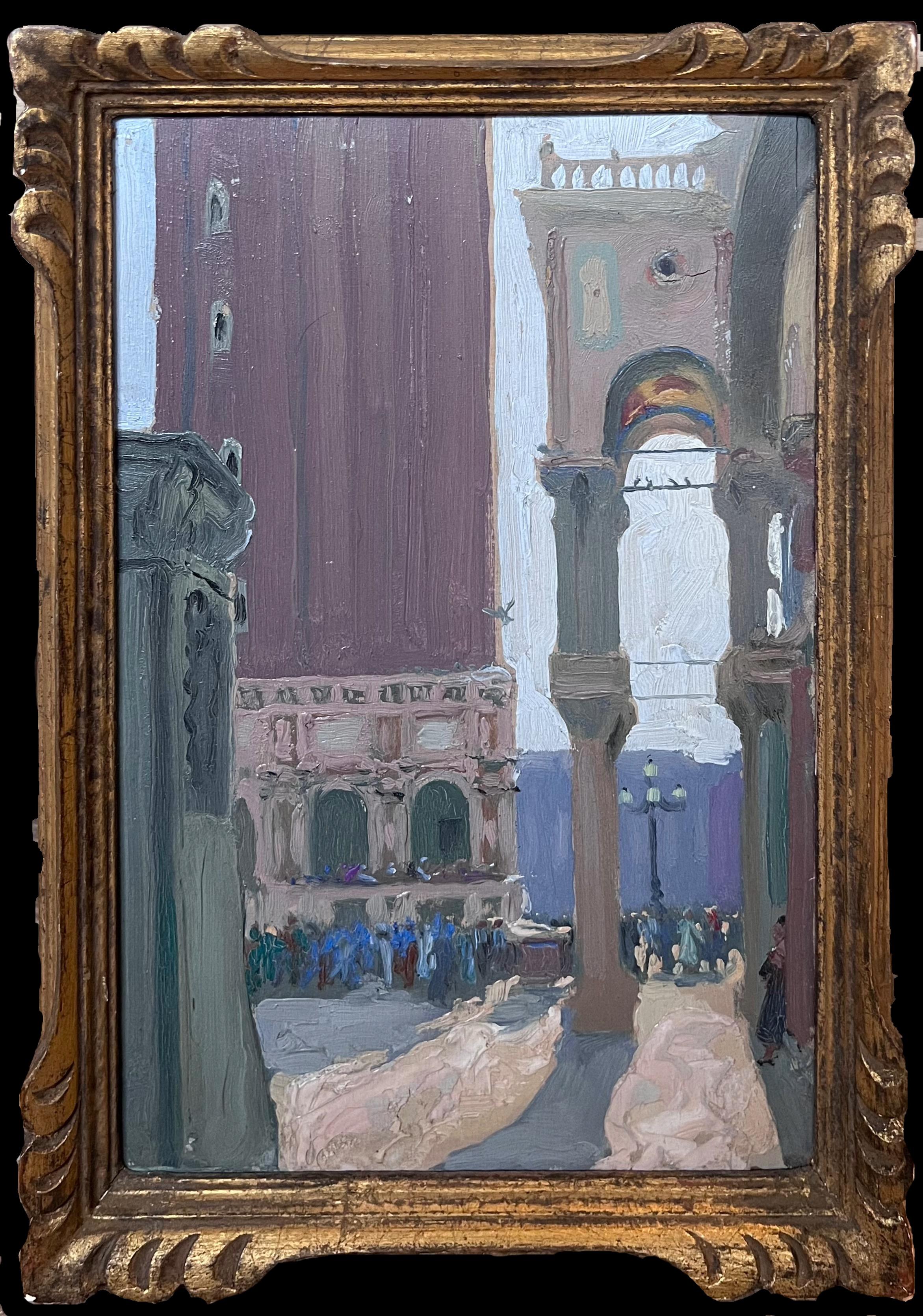 Early 1900's French Impressionist Oil Sketch Figures St. Marks Square Venice